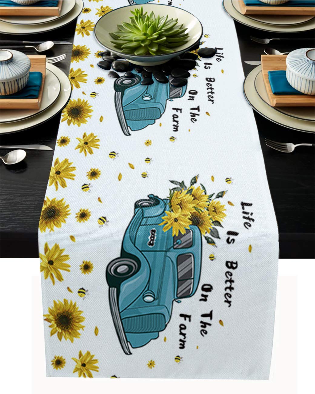 72 Inch Farmhouse Table Runner with Sunflower Design - Burlap Rectangle Tablecloth for Dining, Coffee Table Decor - Perfect for Birthday, Wedding, Holiday Party - 14''x72'' - Ideal for Rustic Home Decor and Seasonal Celebrations