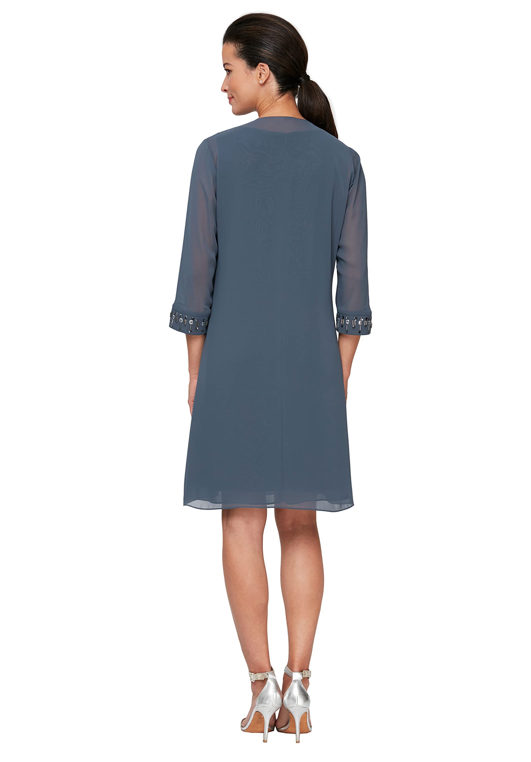 S.L. Fashions Women's Elegant Chiffon Tiered Jacket Dress with Beaded Neckline & Cuffs - Perfect for Evening Parties, Weddings & Special Occasions
