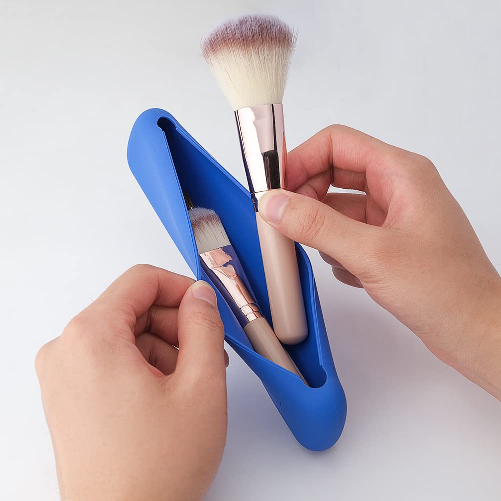 **Silicone Travel Makeup Brush Holder - Reusable Portable Makeup Brush Case with Dustproof Cover, Soft & Sleek Organizer for Brushes (Blue) | Perfect for Travel, Gym, and On-the-Go Makeup Touch-Ups**