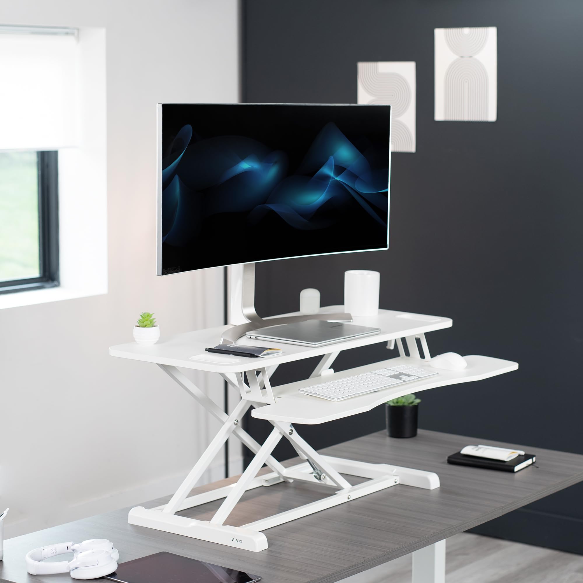 VIVO K Series 38 Inch Height Adjustable Sit to Stand Desk Converter - Dual Monitor & Laptop Workstation with Wide Keyboard Tray, White (DESK-V037KW) - Perfect for Home Office, Gaming & Ergonomic Workspace Setup