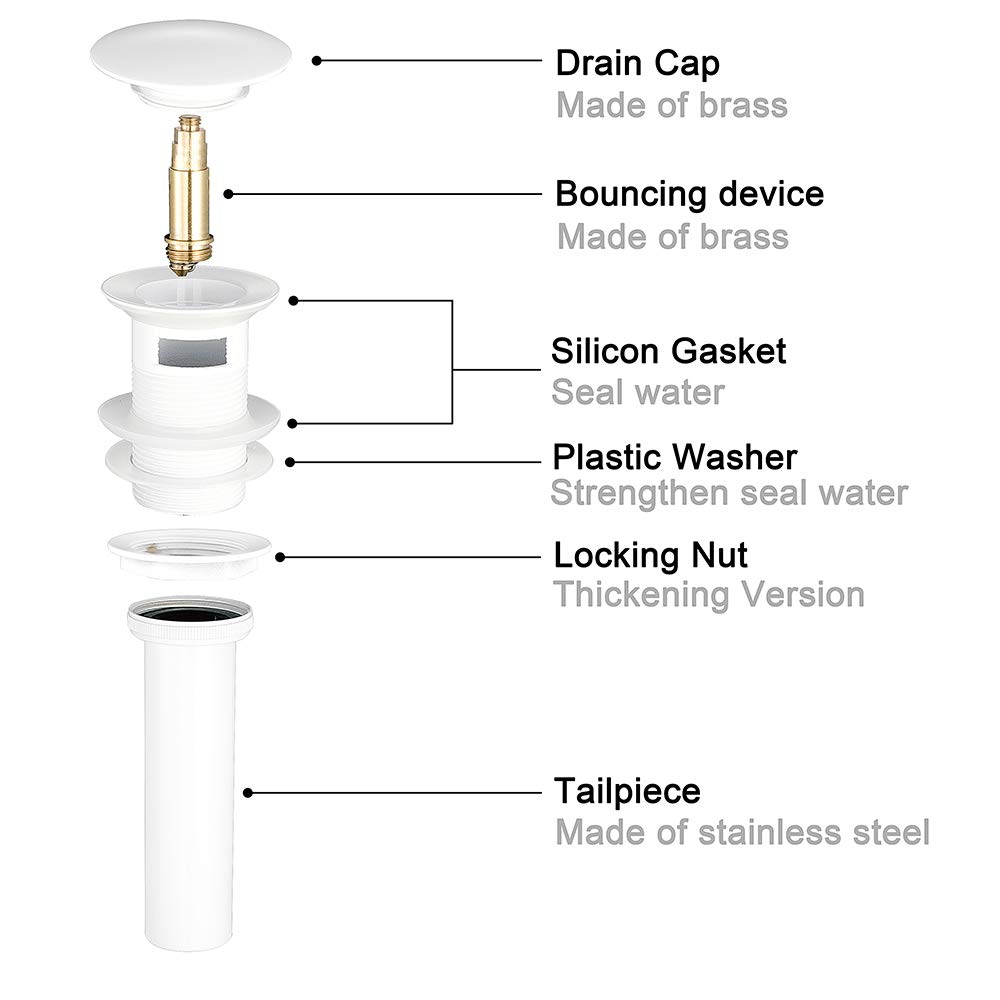 Premium Solid Brass Bathroom Sink Drain Stopper with Overflow - White Finish for Vessel & Vanity Sinks - Durable Pop-Up Drain for Modern Bathrooms & Powder Rooms