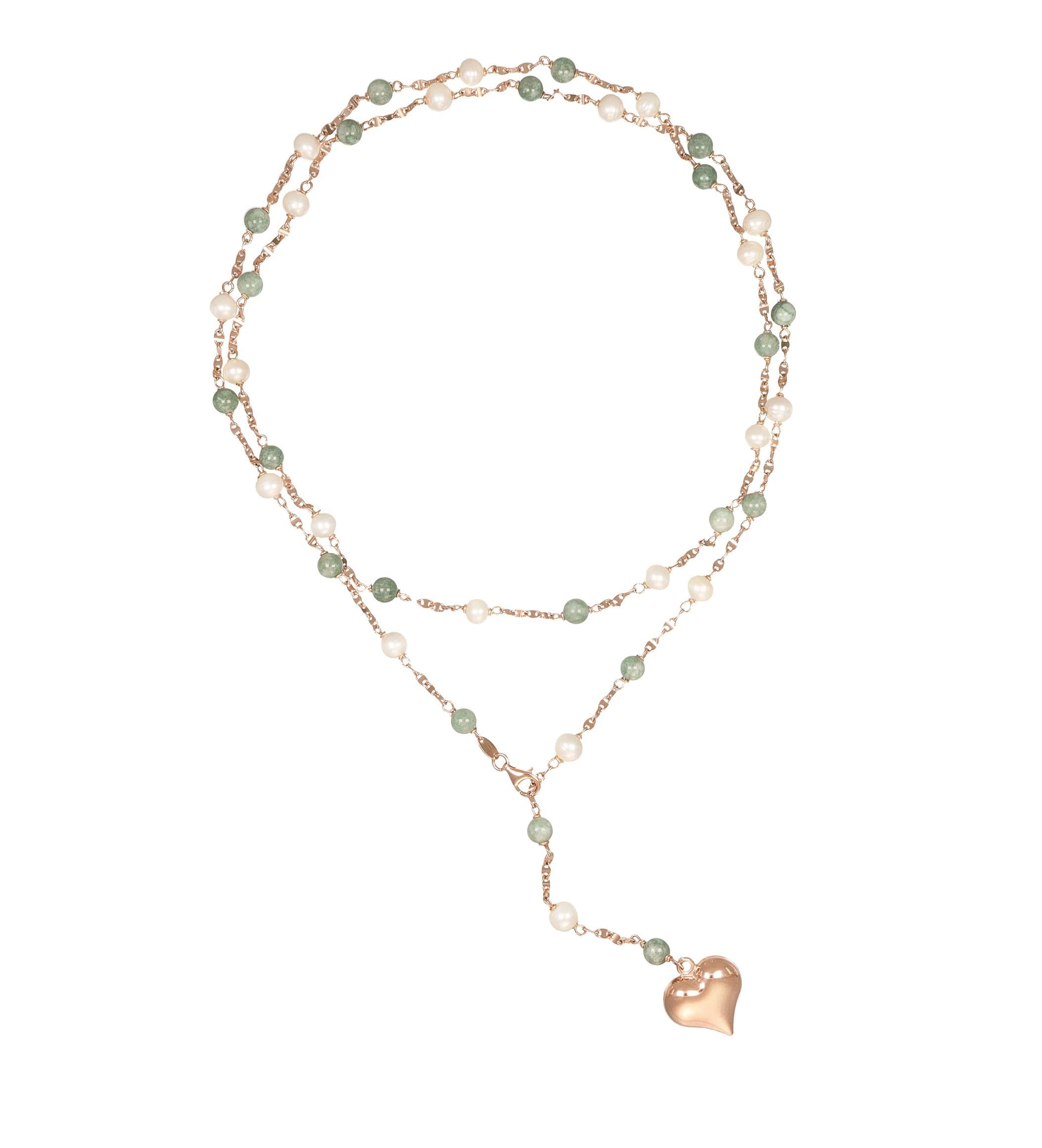 925 Sterling Silver Rose Gold Plated Heart Necklace with Natural Jade & River Pearl - Elegant Jewelry for Women, Perfect for Weddings, Parties & Gifts