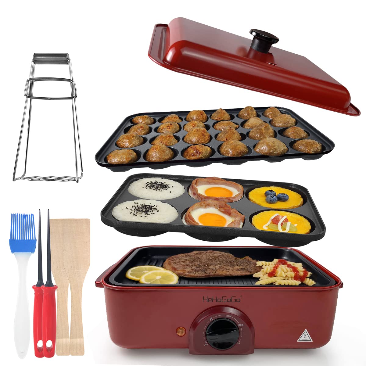 HeHoGoGo 3-in-1 Electric Griddle & Skillet Set - Nonstick Baking Pan with 3 Interchangeable Plates for Takoyaki, Cake Pops & Pancakes - Perfect for Breakfast, Party Snacks & Family Cooking (Red)