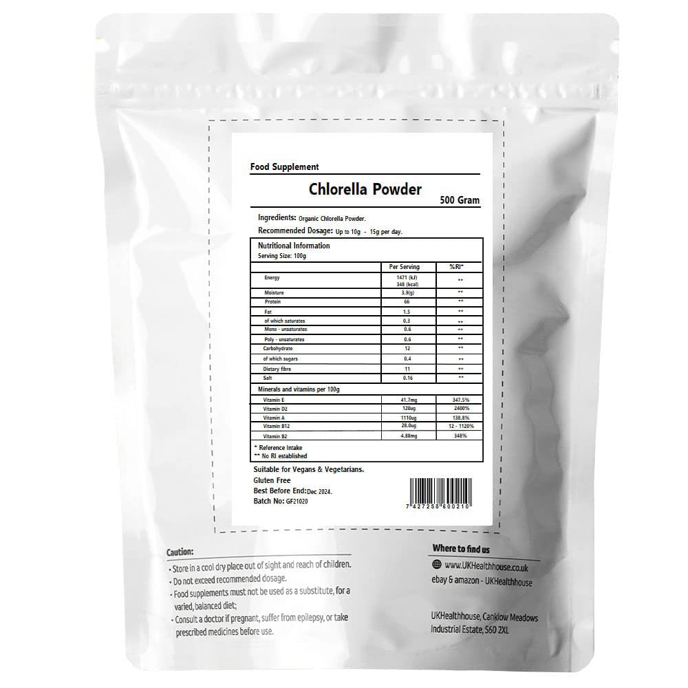 Premium Organic Chlorella Powder 500g - Rich in Vitamins, Protein & Chlorophyll | Superfood Supplement for Detox, Immunity & Energy Boost | Vegan, Gluten-Free Green Powder for Smoothies & Wellness