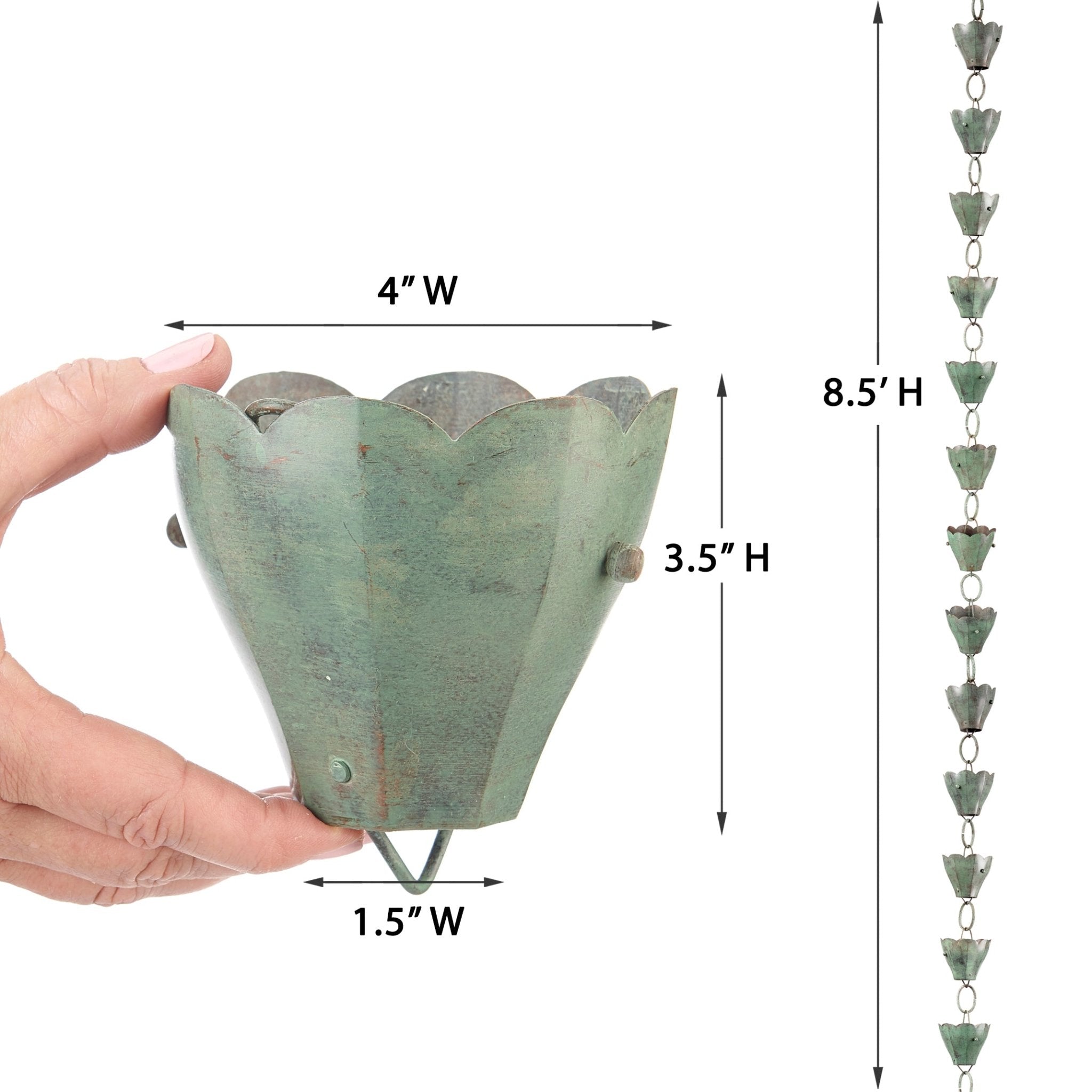 Tulip Rain Chain Verde - 8.5 ft Decorative Garden Water Chain with 13 Large Cups | Perfect for Downspout Drainage, Patio Decor & Japanese-Style Landscaping