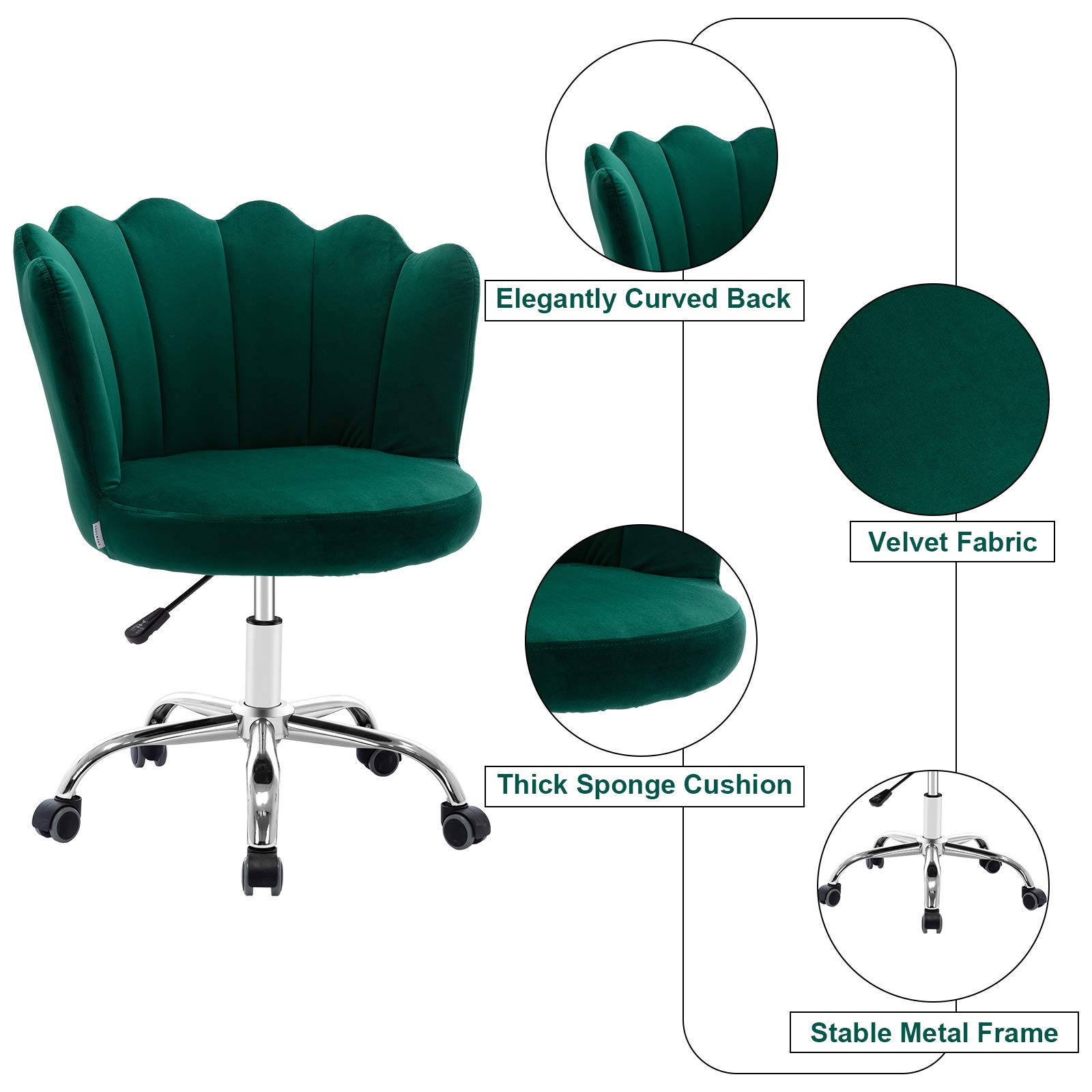 SSLine Velvet Desk Chair - Elegant Upholstered Office Chair with Wheels, Modern Swivel Height Adjustable Task Chair for Home Office, Living Room, Vanity or Leisure Use (Green) | Perfect for Working, Studying & Relaxing