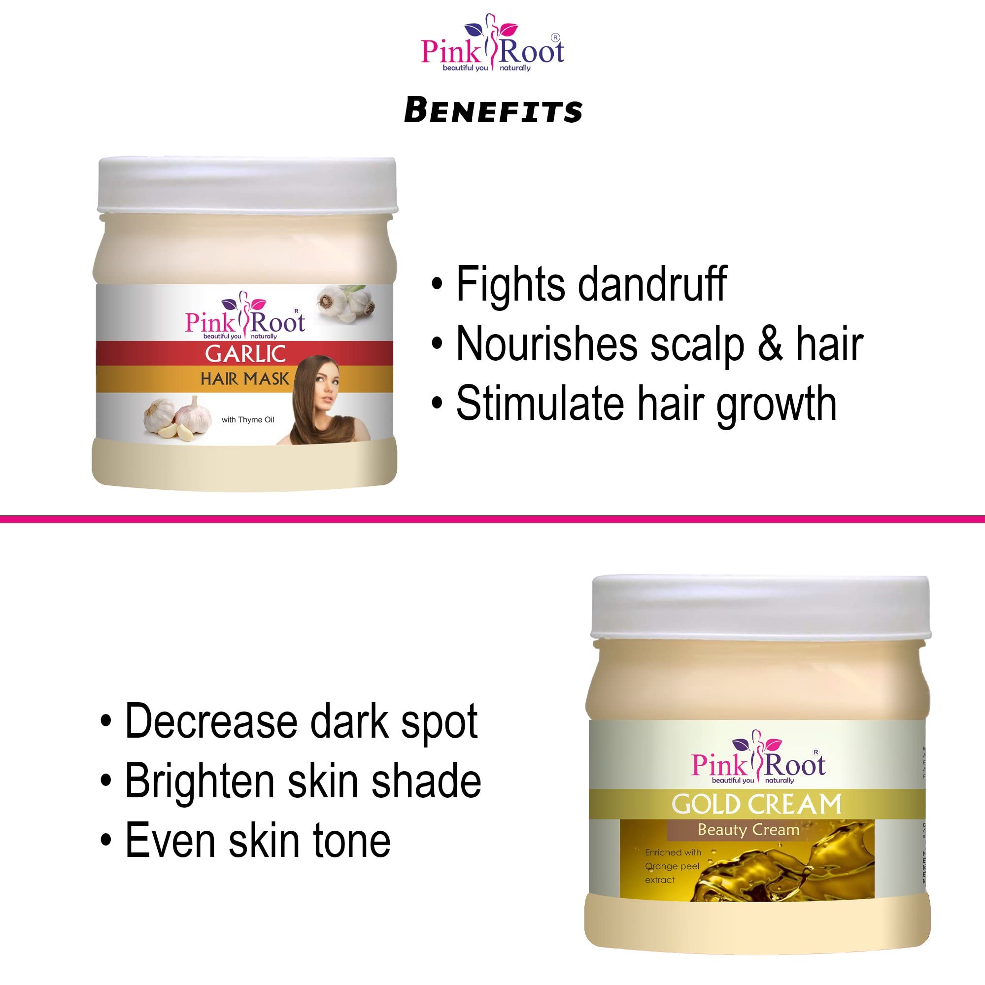 Pink Root Gold Cream 500g & Garlic Hair Mask 500g - Natural Hair Growth Treatment for Dry Damaged Hair | Deep Conditioning & Scalp Care for Women & Men | Perfect for Home Hair Spa & Daily Nourishment