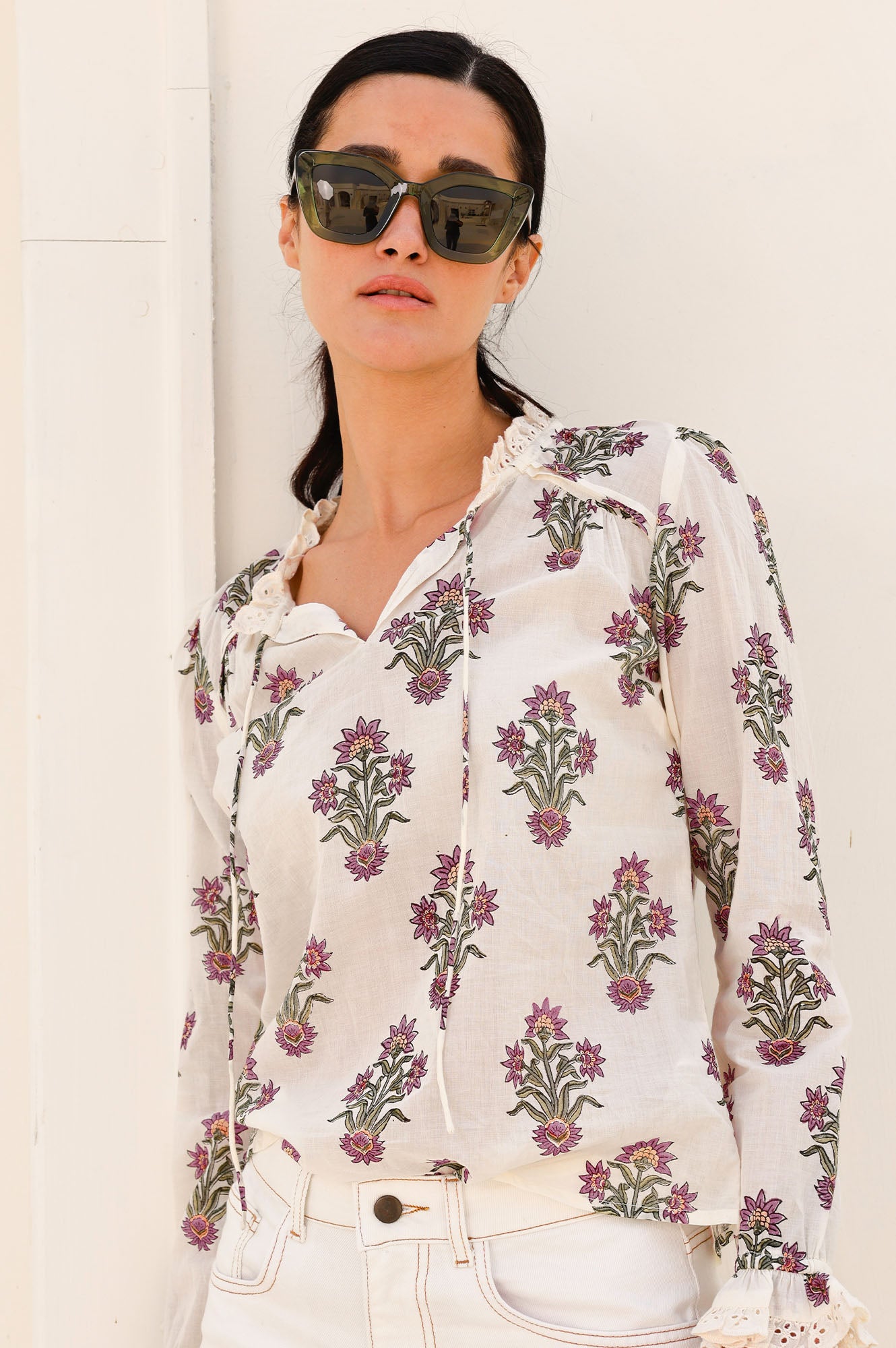 Rosie Organic Cotton Block Print Blouse - Vintage Wildflower Print in Cream, Red & Green | Boho Chic Top for Women | Perfect for Summer Outfits, Beach Vacations & Casual Wear