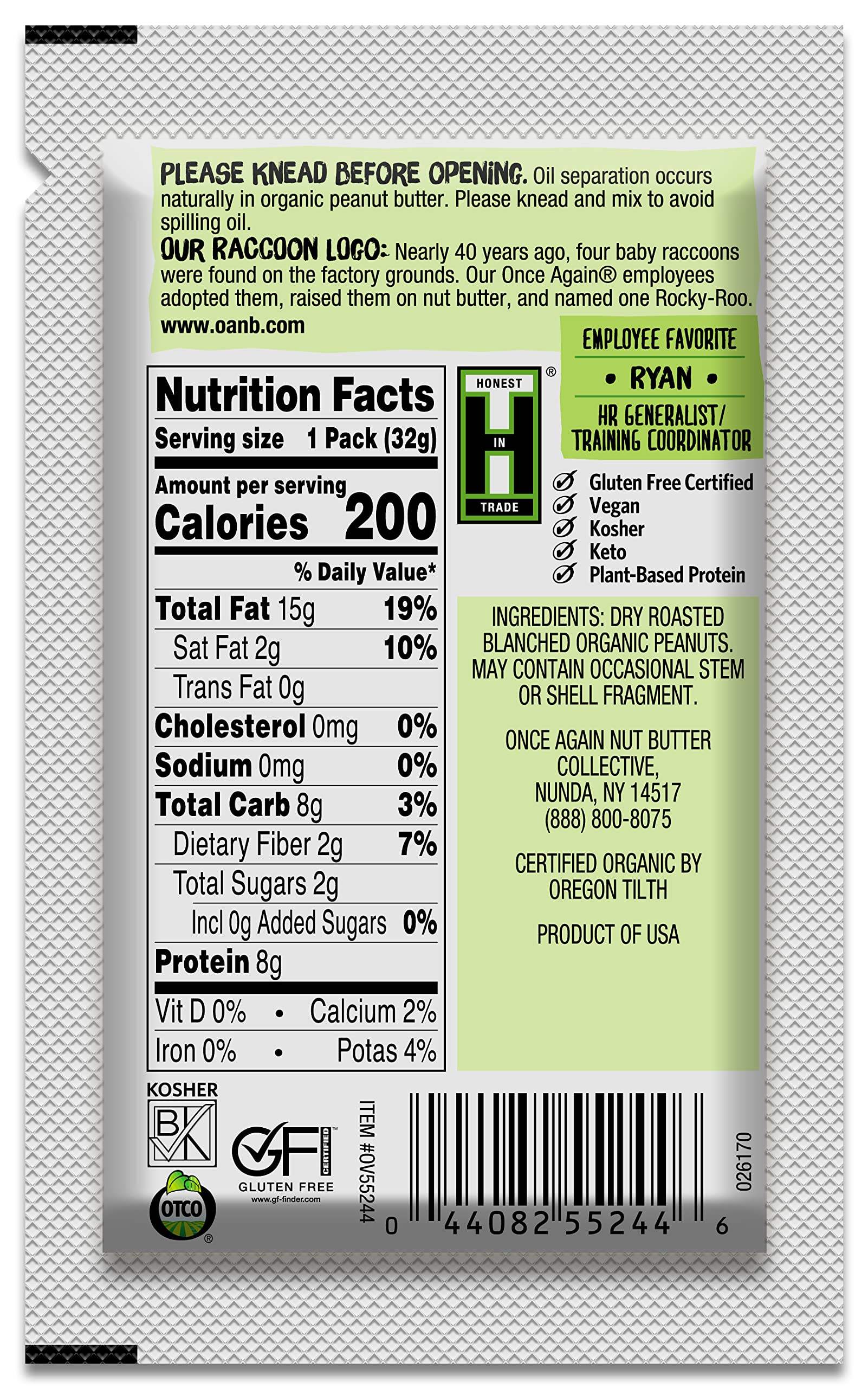 Once Again Organic Creamy Peanut Butter - 10 Pack of 1.15oz Squeeze Packs | Salt Free, Unsweetened, USDA Organic, Gluten Free, Vegan & Kosher Certified | Perfect for School Lunches, Camping & On-the-Go Snacks