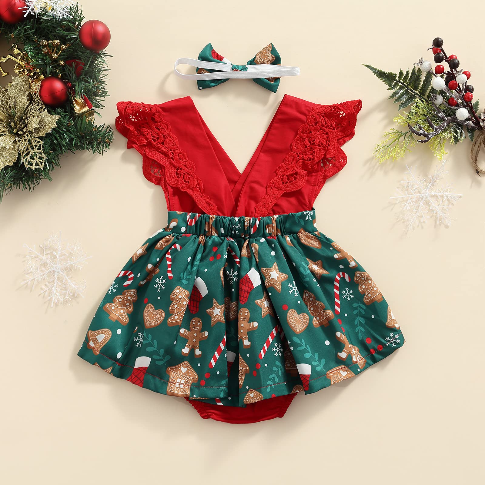 My First Christmas Outfit for Newborn Baby Girls - Lace Sleeveless Romper Dress with Tutu Skirt & Headband | Holiday Photoshoot, Family Gathering, Xmas Party
