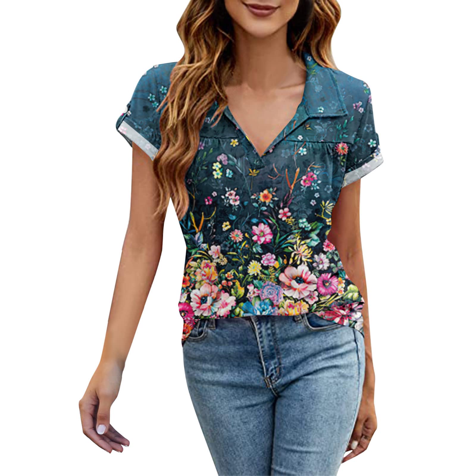 Vintage Women's V-Neck Rolled Short Sleeve T-Shirt with Ruched Front - Summer Casual Tops for Women - Perfect for Beach Outings, Date Nights & Weekend Brunch