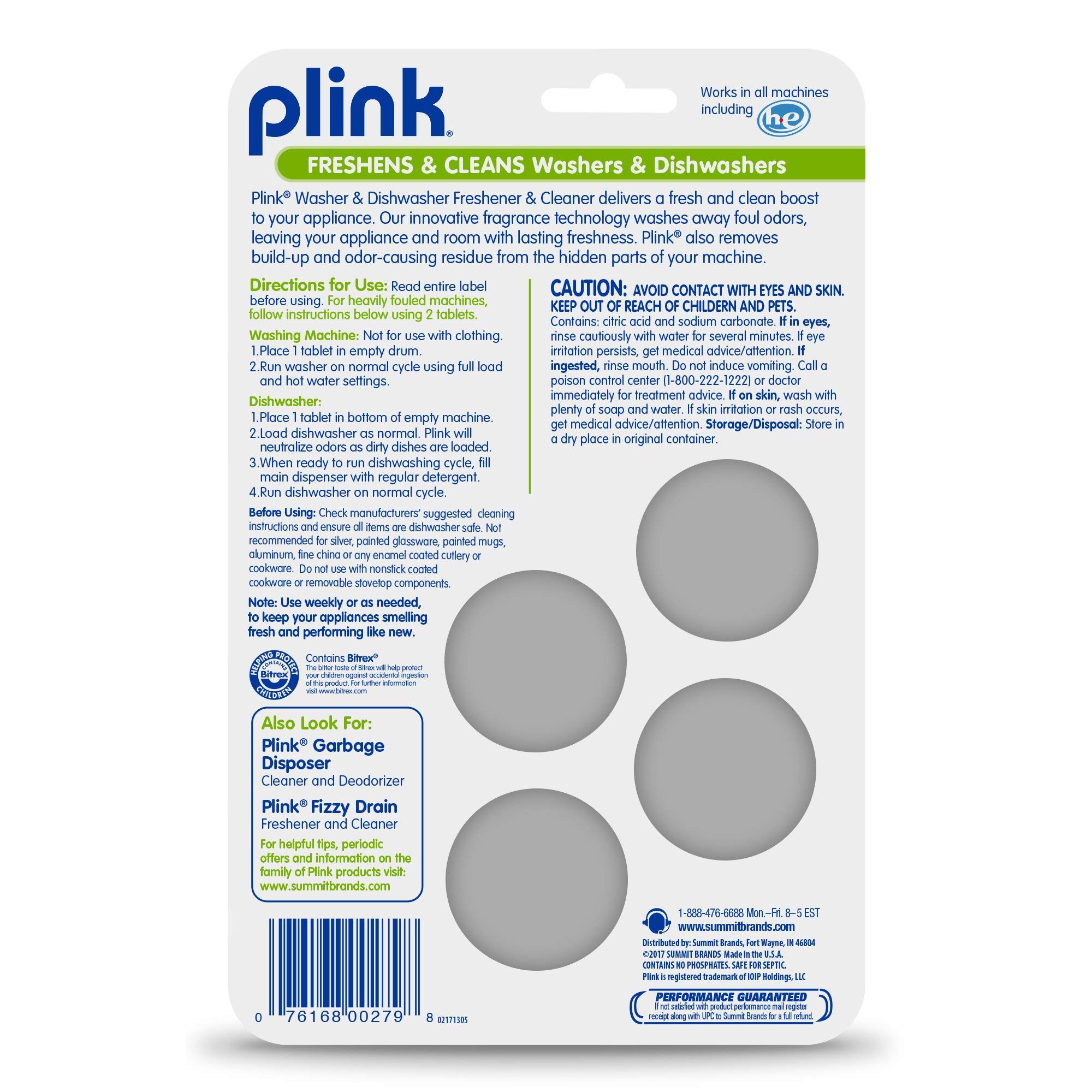 Plink 9013 Garbage Disposal Cleaner and Deodorizer Tablets - Variety Pack (20 Count) & Summit Brands 9024 Washer and Dishwasher Freshener Cleaning Tablets (4 Tabs, Yellow, Pack of 4) - Eliminate Odors in Kitchen Sink, Washing Machine & Dishwasher for Fresh Home