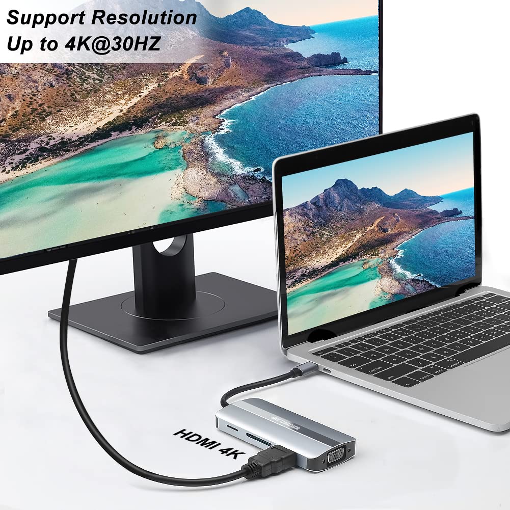 8-in-1 USB C Hub with HDMI, VGA, PD, Card Reader - for MacBook, XPS & More