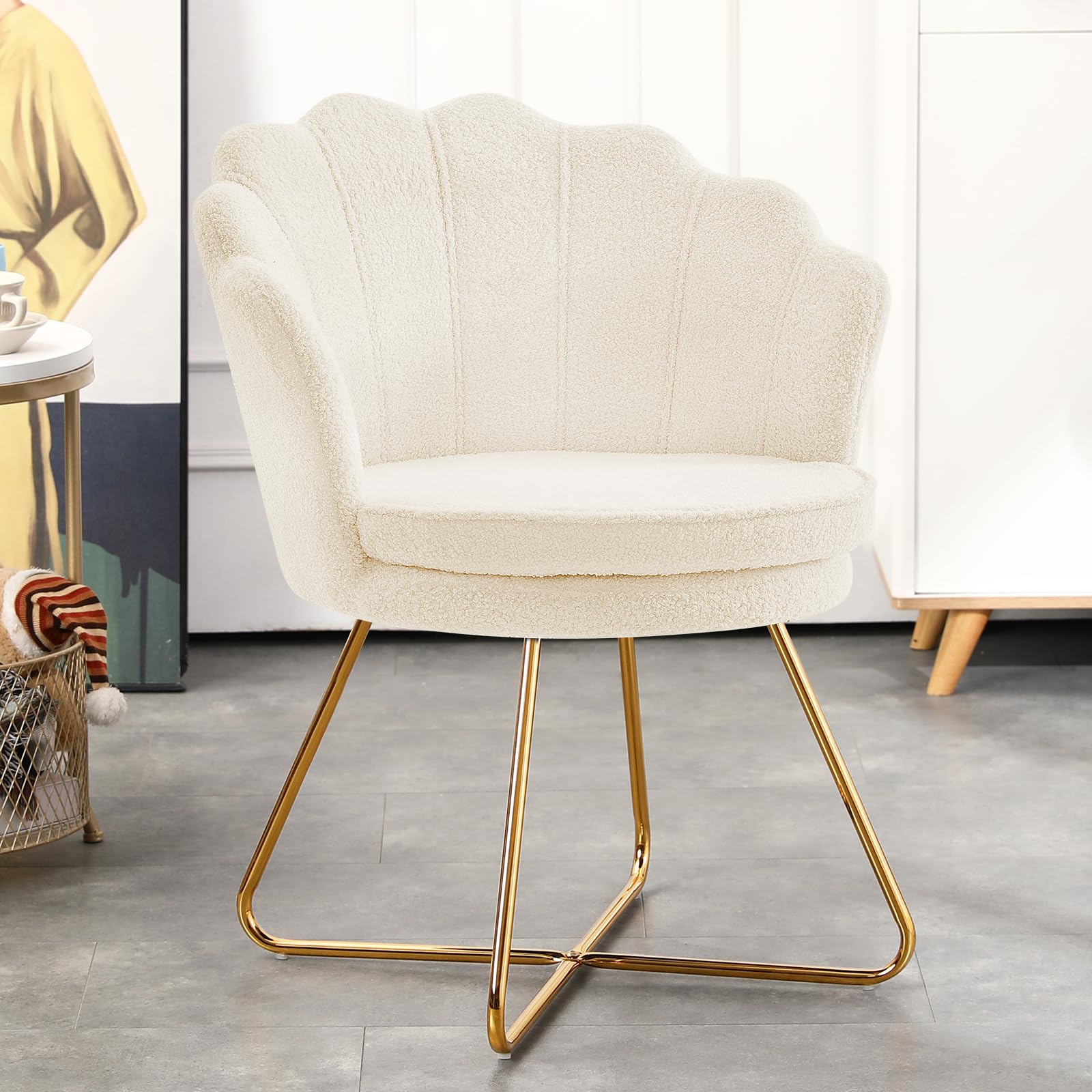 Furnimart Vanity Chair with Back - Elegant Shell Accent Chair for Living Room & Bedroom, Criss Cross Design with Gold Legs, Makeup Desk Chair Without Wheels in Soft Faux Fur White | Perfect for Dressing Tables, Bedroom Seating & Home Decor
