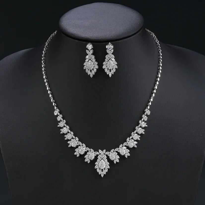Elegant Cubic Zirconia Necklace & Earrings Set for Women - Wedding, Bridal Jewelry in Sterling Silver with White Zirconia Stones | Perfect for Anniversary Gifts, Prom, Evening Parties and Special Occasions