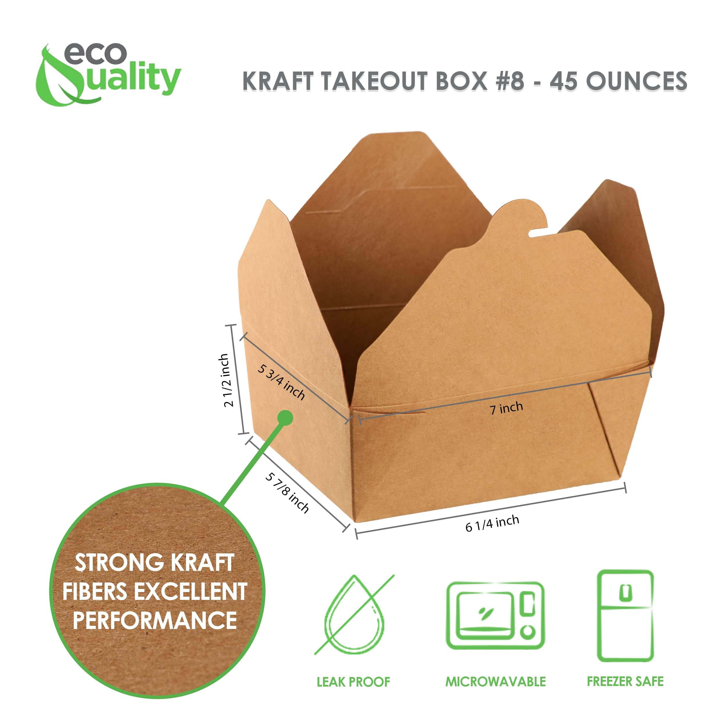 EcoQuality 45 oz Kraft Brown Microwaveable Take Out Food Containers - Leak & Grease Resistant To-Go Boxes for Restaurants, Catering, Food Trucks - Recyclable Lunch Box #8 (300 Pack) - Perfect for Hot Meals, Takeout Orders & Food Delivery Services