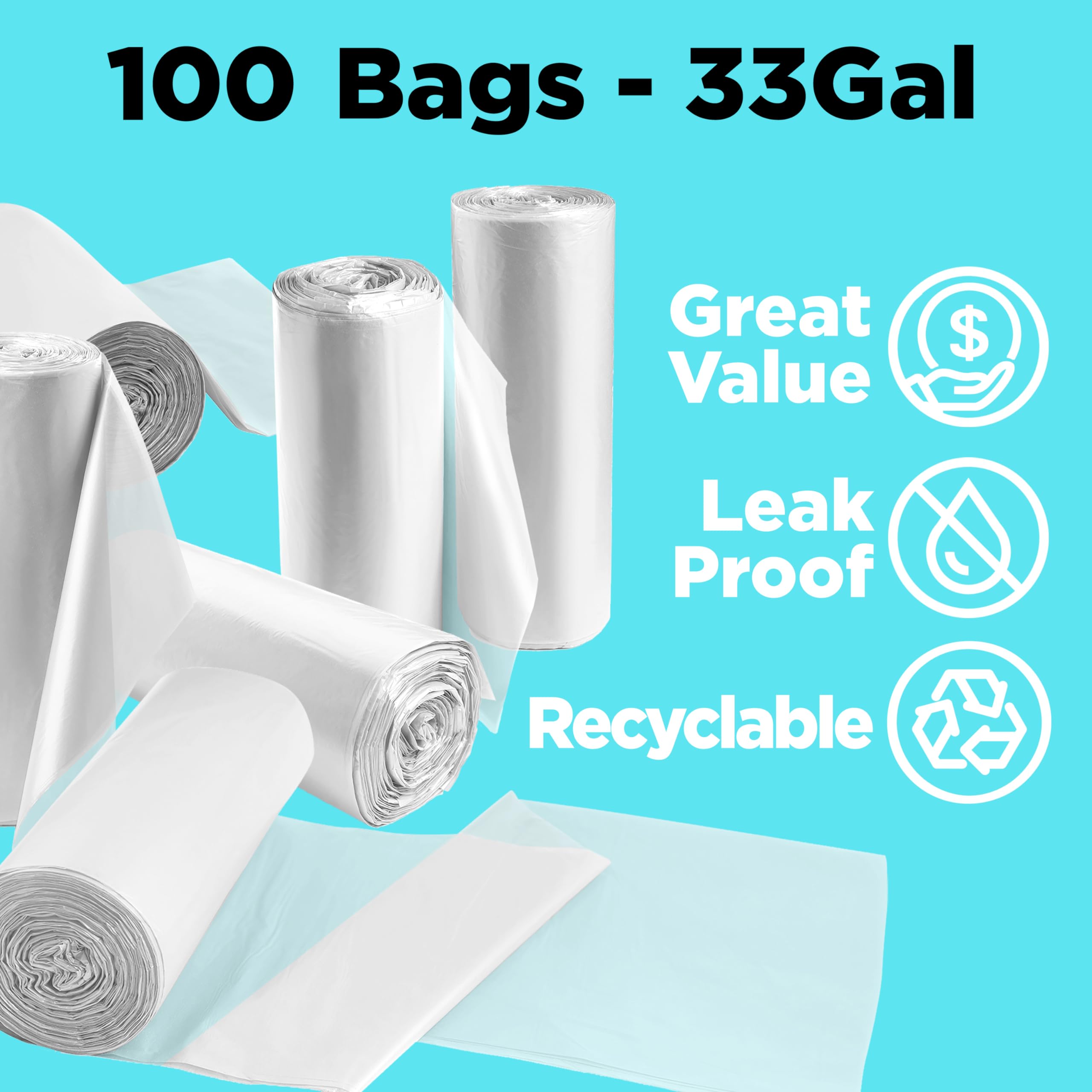 ToughBag 30-33 Gallon Clear Trash Bags (100 Count) - Heavy Duty Recycling Bags, Garbage Can Liners - Made in USA - Perfect for Kitchen, Office & Outdoor Waste Disposal