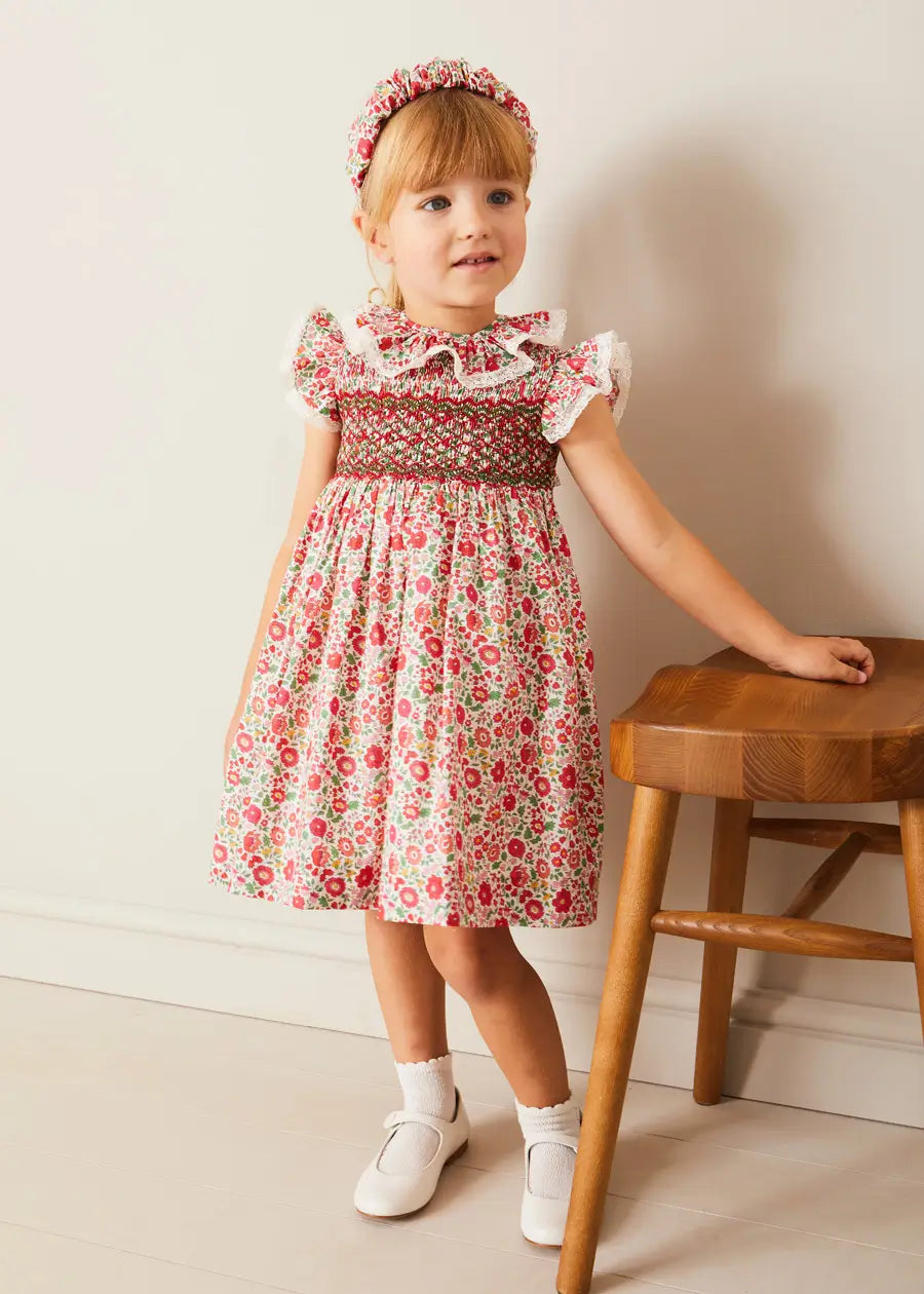 Margot Hand Smocked Red Dress - Premium Liberty Fabric (Sizes 12m-6yrs) | Perfect for Birthday Parties, Easter & Special Occasions