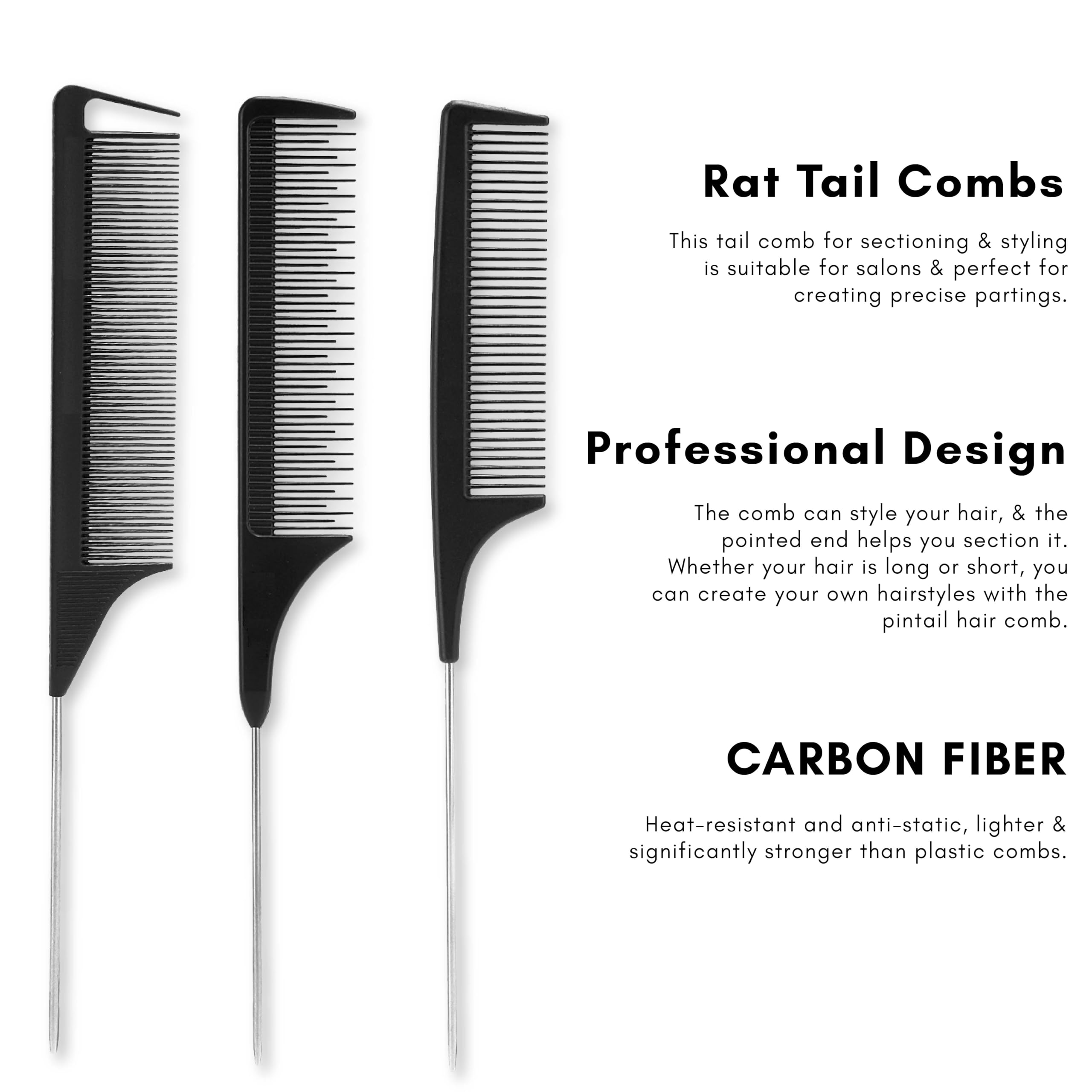 Beauté Secrets 6-Piece Comb Set - Black Carbon Fiber & Stainless Steel Pintail Combs - Heat & Chemical Resistant - Lightweight Rat Tail & Teasing Combs for All Hair Types - Perfect for Styling, Detangling & Salon Use