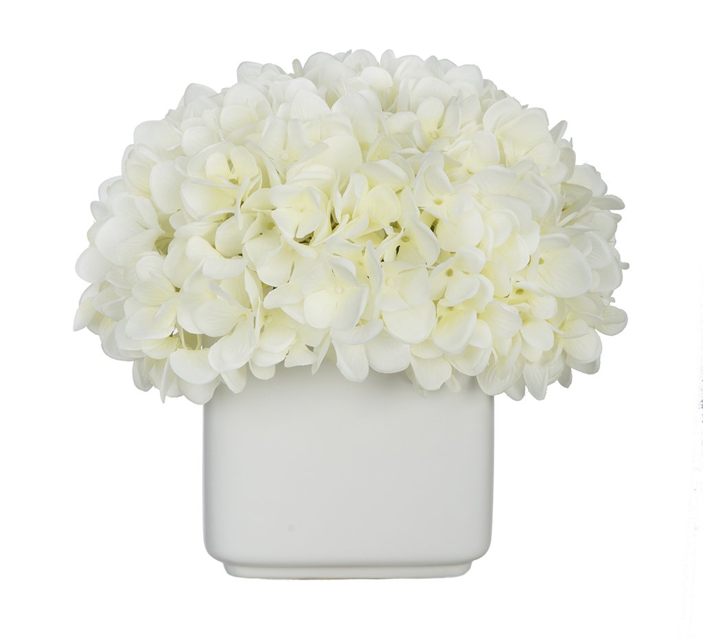 Artificial Hydrangea Silk Flowers in White Ceramic Cube Vase - Perfect for Home Decor, Wedding Centerpieces & Office Desk Decorations