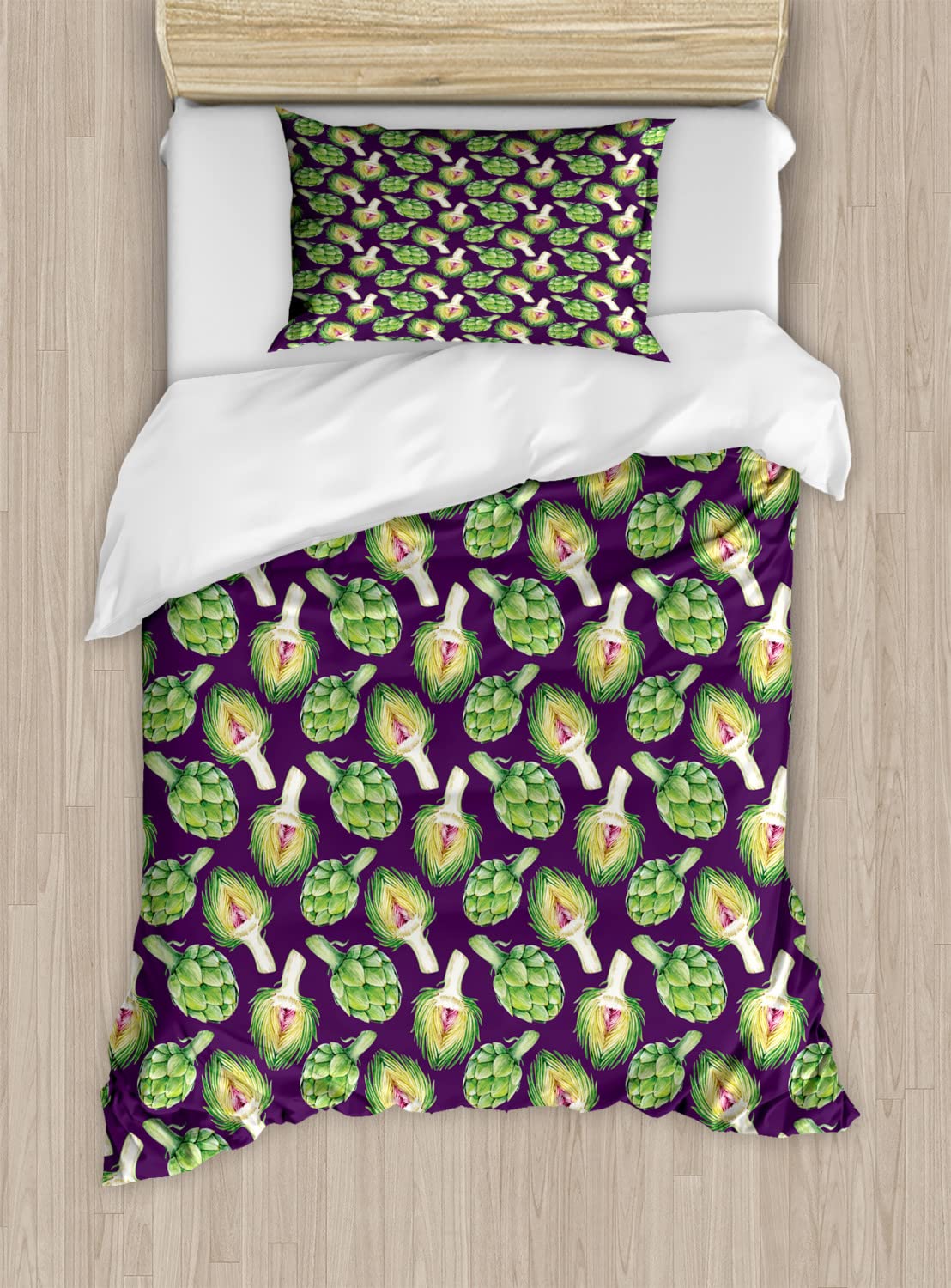Ambesonne Vegetable Art Duvet Cover Set - Vibrant Artichoke Design, Tropical Kitchen Theme, 2-Piece King Size Bedding with 2 Pillowcases (Fern Green Plum) - Perfect for Modern Bedrooms & Kitchen-Themed Decor
