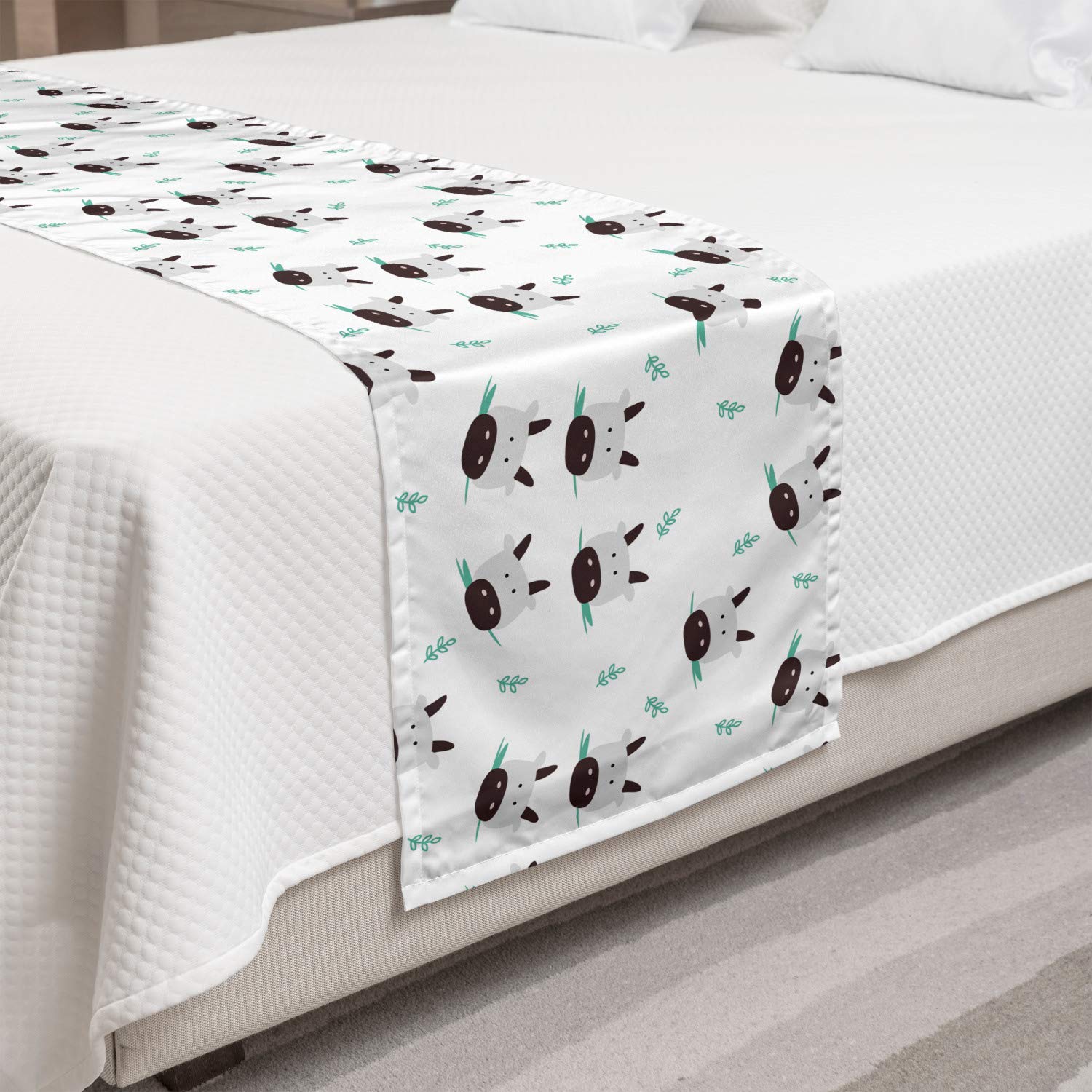 Ambesonne Cow Print Bed Runner - Cartoon Cattle Heads with Leaf Motifs, Decorative Bed Scarf for Home, Hotel & Guest Room Decor - Turquoise & Pale Grey - Perfect for Farmhouse, Rustic & Western Theme Bedrooms
