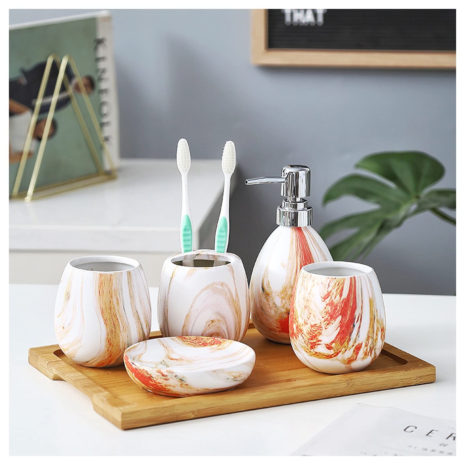 Premium Ceramic Soap Dispenser & Bathroom Set - 6-Piece Couple Wash Cups with Soap Dish, Toothbrush Holder, Tray & Mouthwash Cup | Elegant Red Bathroom Decor for Modern Homes, Guest Bathrooms & Spa-Style Vanities