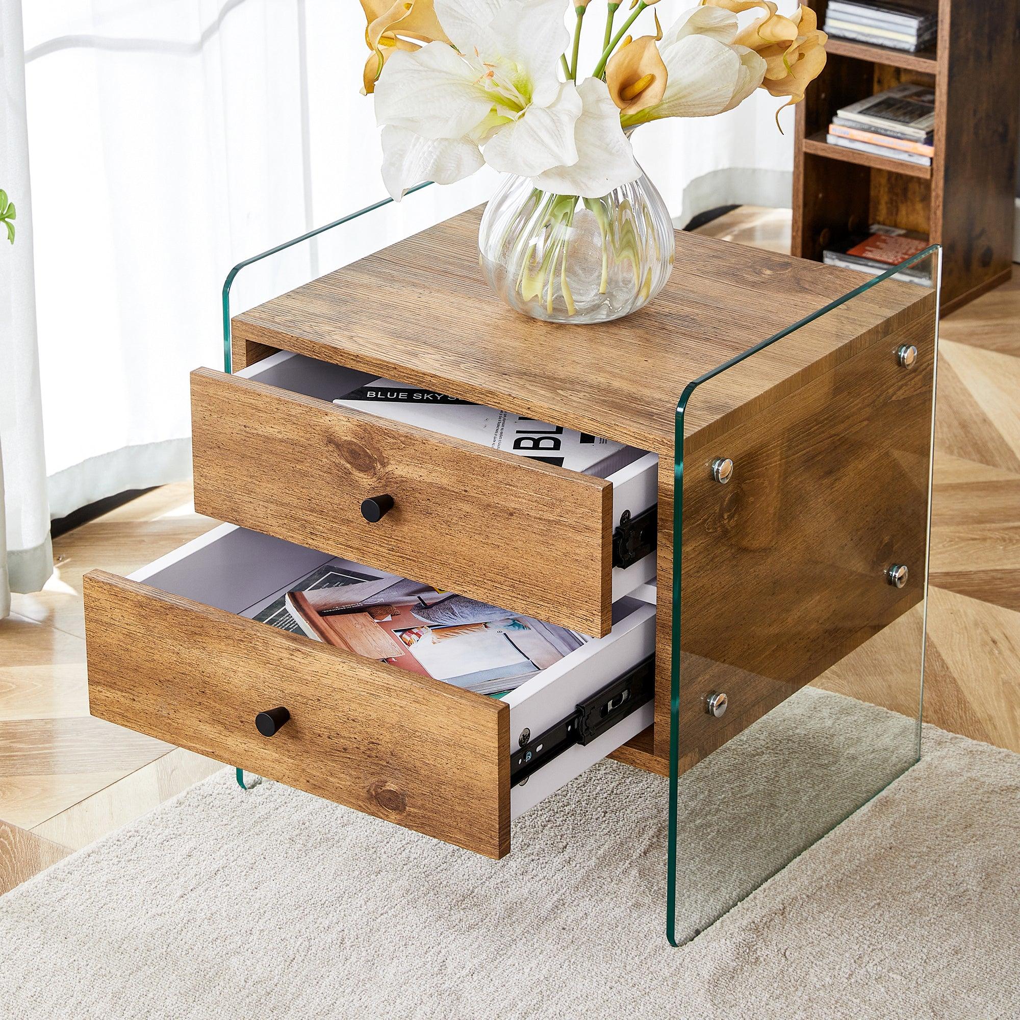 Modern Double Drawer Bedside Table with MDF Sticker Surface & Tempered Glass Sides - Elegant Design & Spacious Storage for Bedroom, Living Room, or Office