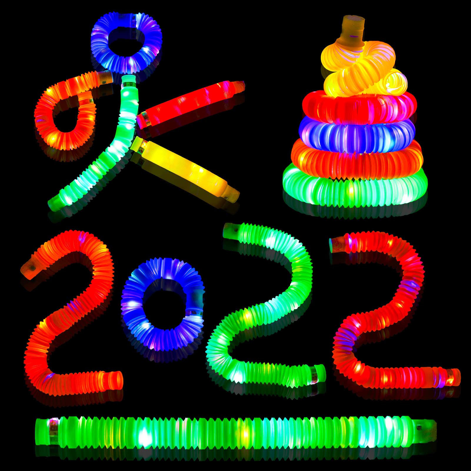 FRIUSATE 10 Pack Light Up Pop Tubes Fidget Toys - Glow in The Dark Sensory Toys for Kids & Adults, Stress Relief & Party Favors - Perfect for Birthday Parties, Classroom Rewards, and Anxiety Relief