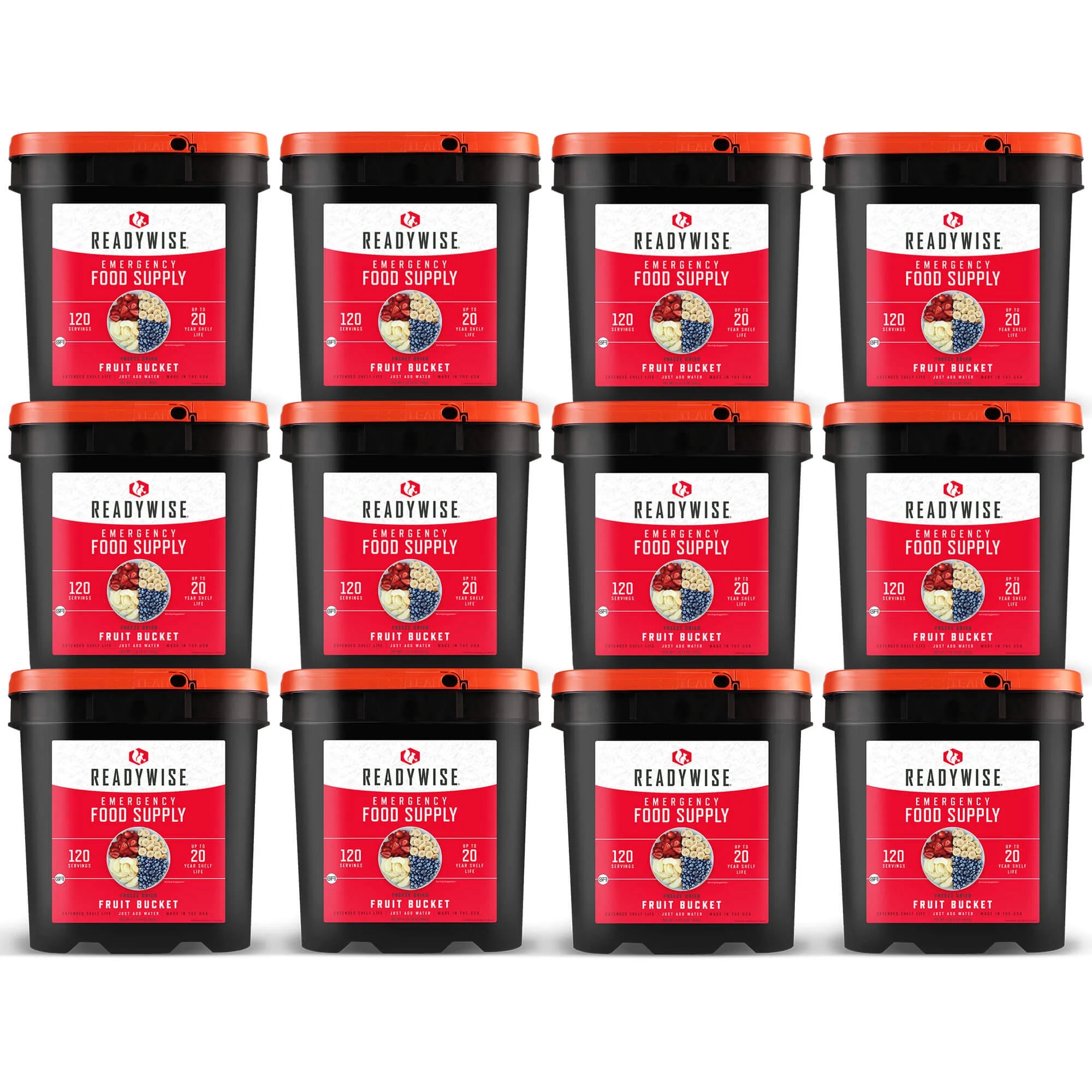 ReadyWise 120 Serving Emergency Food Supply - Freeze Dried Fruit Bucket (12 Pack) | Long Shelf Life Survival Food for Camping, Hiking & Emergency Preparedness