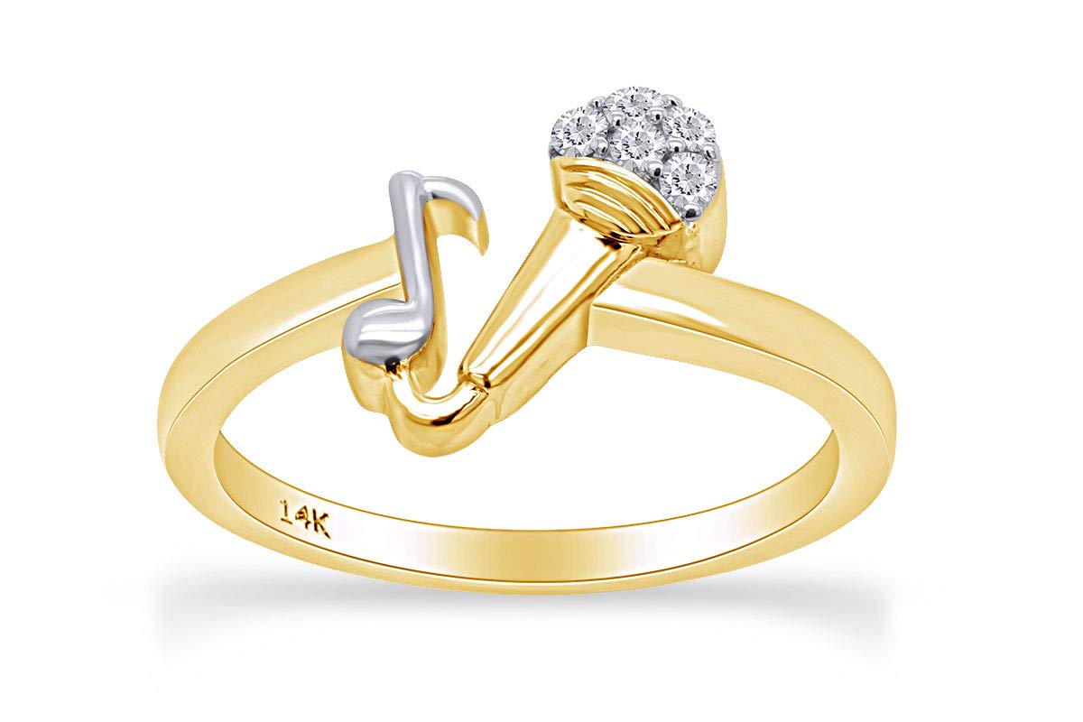 Round White Natural Diamond Accent Mic & Music Note Two Tone Ring - Elegant Jewelry for Musicians, Singers & Music Lovers - Perfect Gift for Performances, Concerts & Special Occasions