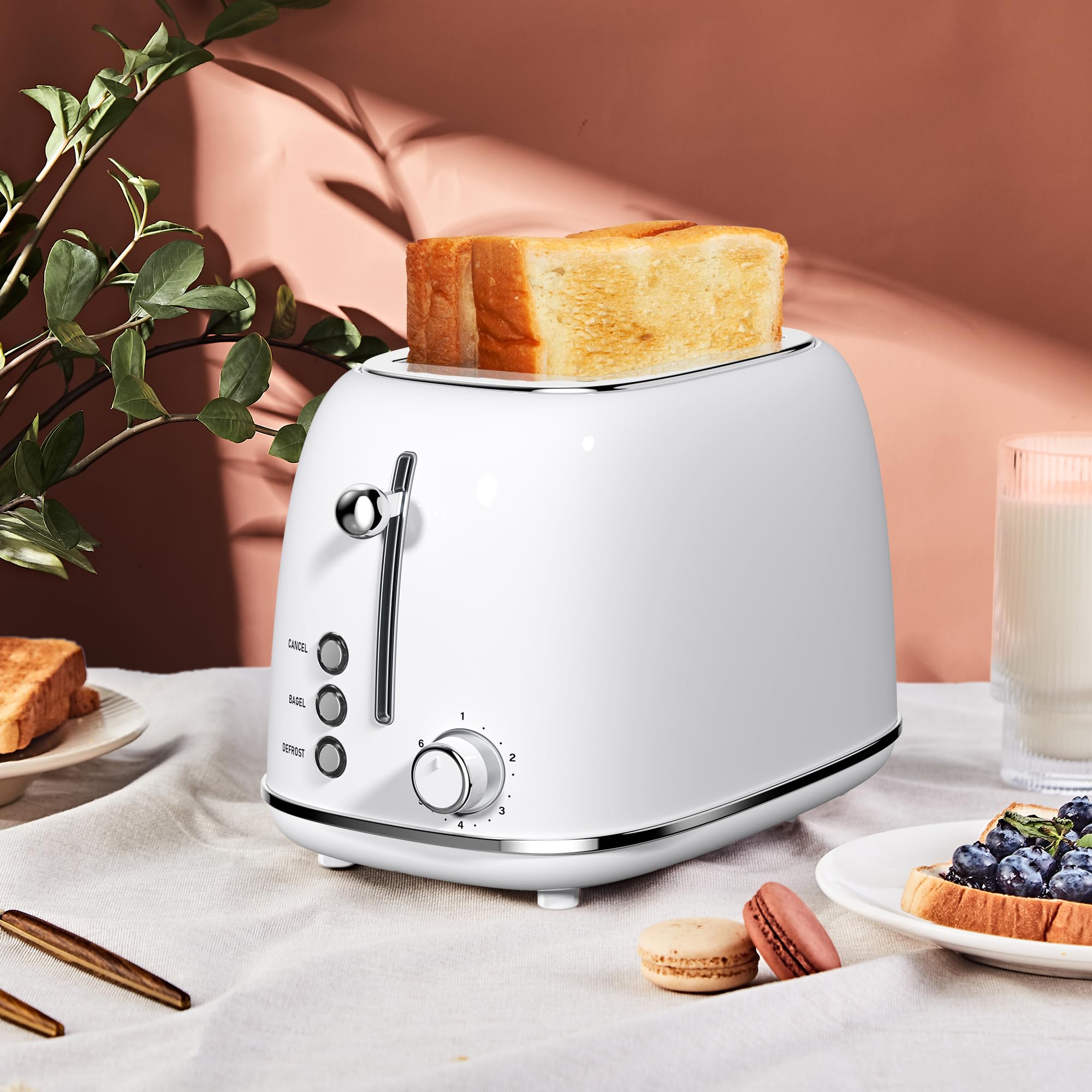 2 Slice Retro Toaster - Stainless Steel with Bagel, Cancel & Defrost Functions | 6 Shade Settings, Extra Wide Slots & Removable Crumb Tray | Perfect for Breakfast, Office or Dorm Room - White