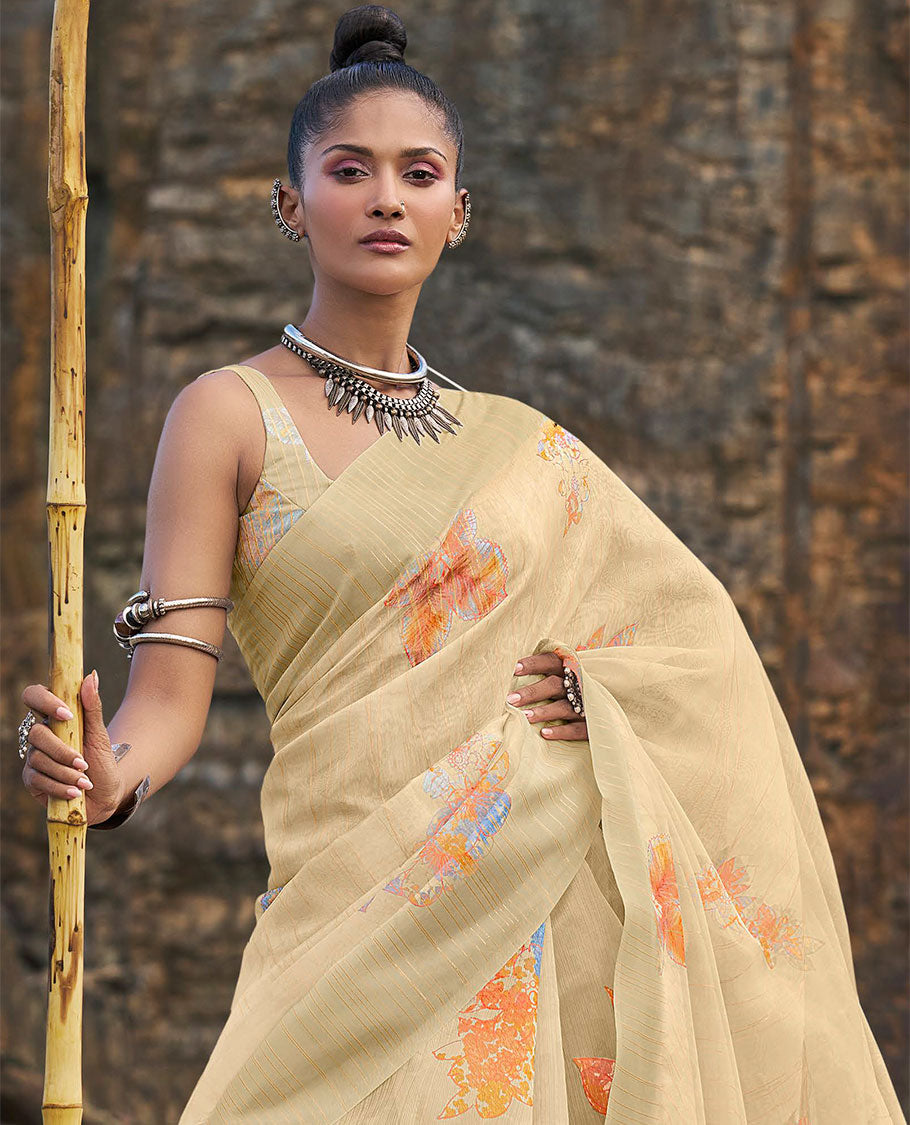 Beige Floral Printed Golden Striped Designer Organza Saree with Self Border & Floral Pallu - Perfect for Weddings, Parties & Festive Occasions