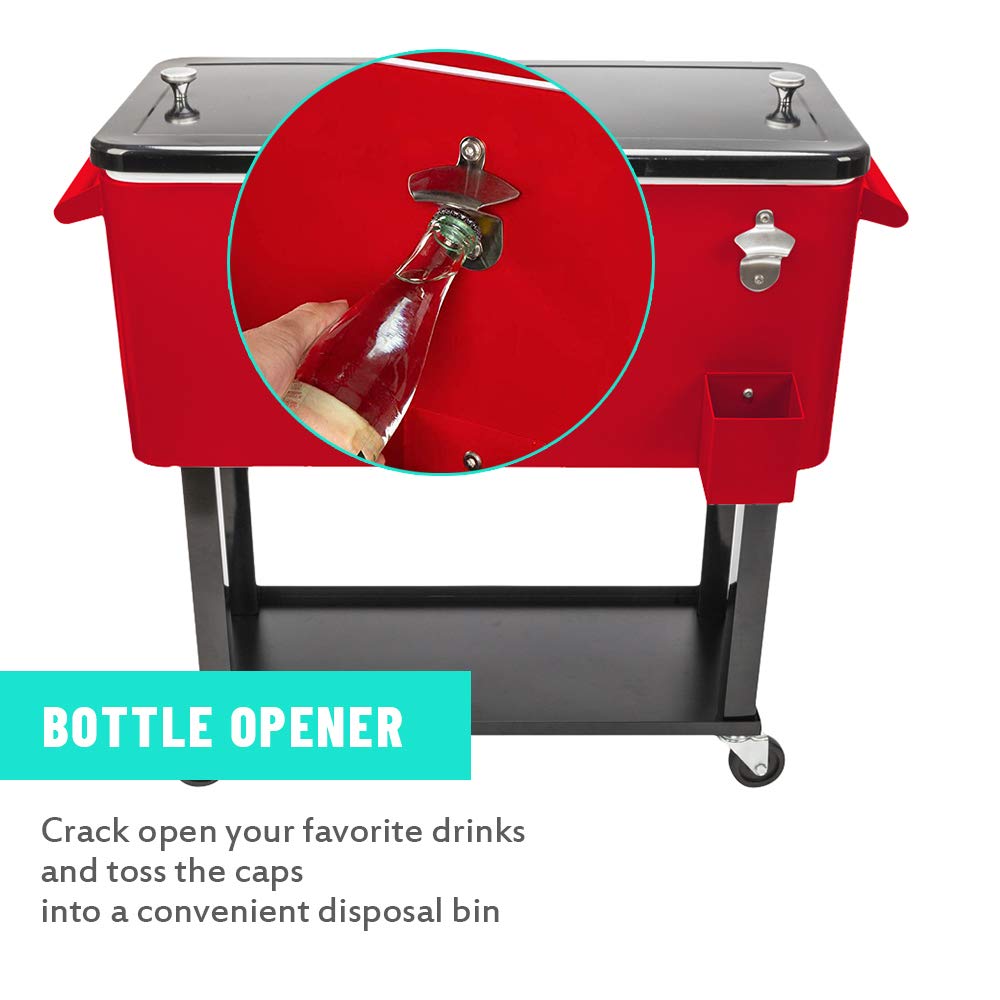 HomVent 80 Quart Rolling Cooler Cart with Wheels - Portable Outdoor Ice Chest, Patio Party Bar Drink Cooler with Shelf & Bottle Opener for Beach, Camping, and Tailgating
