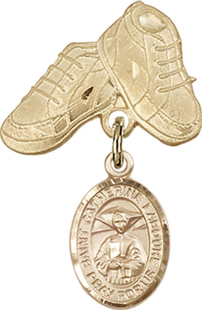 Gold Filled Baby Badge with St. Catherine Laboure Charm & Baby Boots Pin - Handmade in USA | Religious Jewelry for Baptism, Christening & Newborn Gifts
