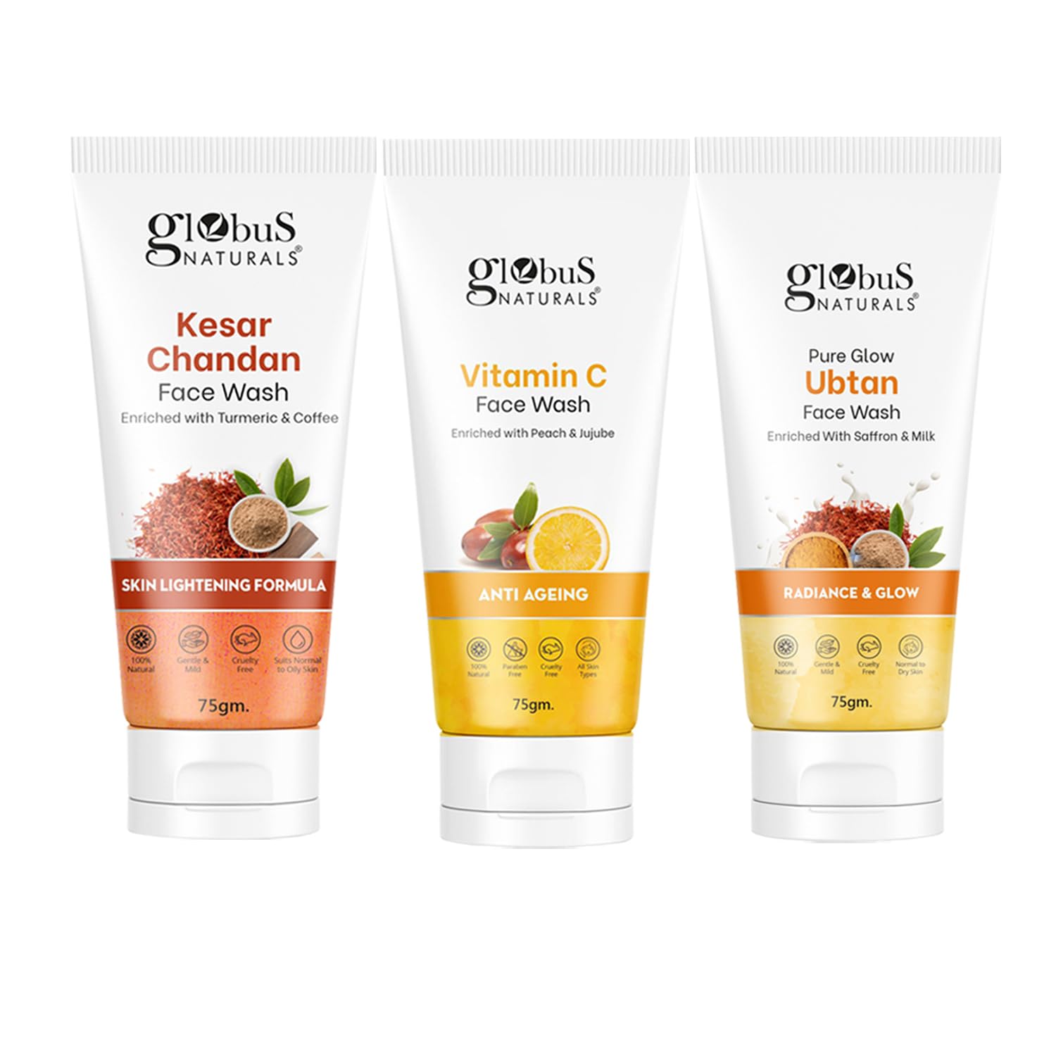 Globus Naturals Face Wash Combo Set of 3 (75g Each) - Kesar Chandan, Vitamin C & Ubtan for Glowing Skin | Daily Cleansing, Acne Control & Brightening | Perfect for Morning & Night Skincare Routine