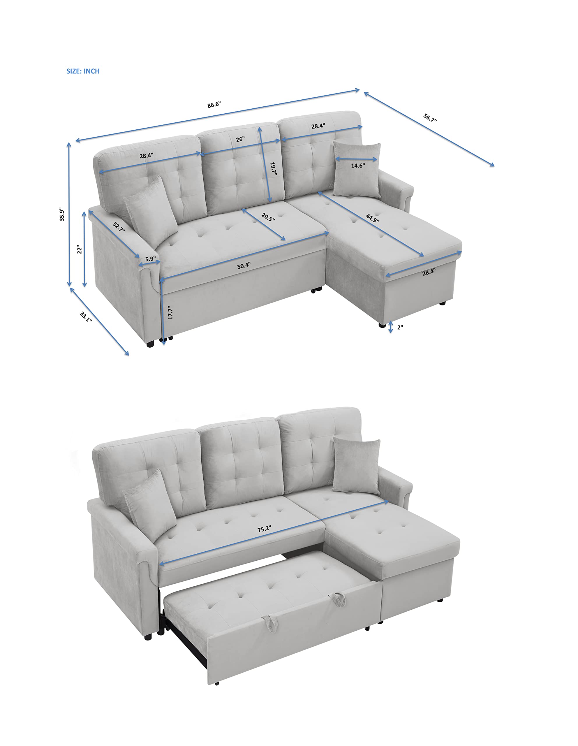 Yoglad Convertible L-Shaped Sectional Sofa Bed with Storage - 86