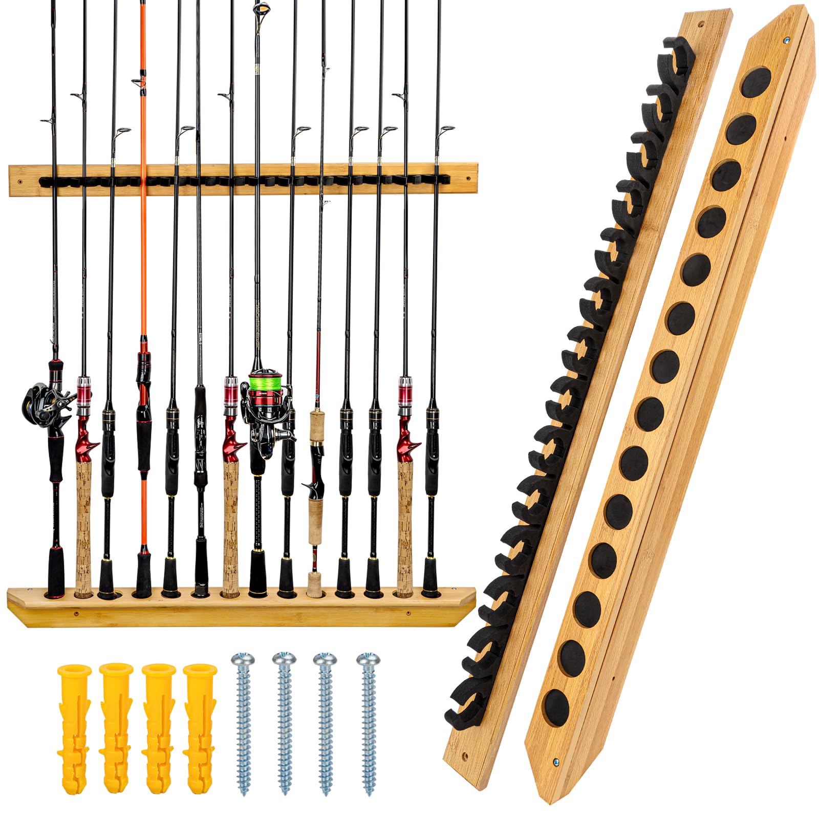 THKFISH Fishing Rod Holder Wall Mount - Wooden Garage Storage Rack for 6-7 Fishing Rod Combos, Baitcasting & Spinning Reels - Perfect for Organizing Fishing Gear in Garage, Boat, or Cabin