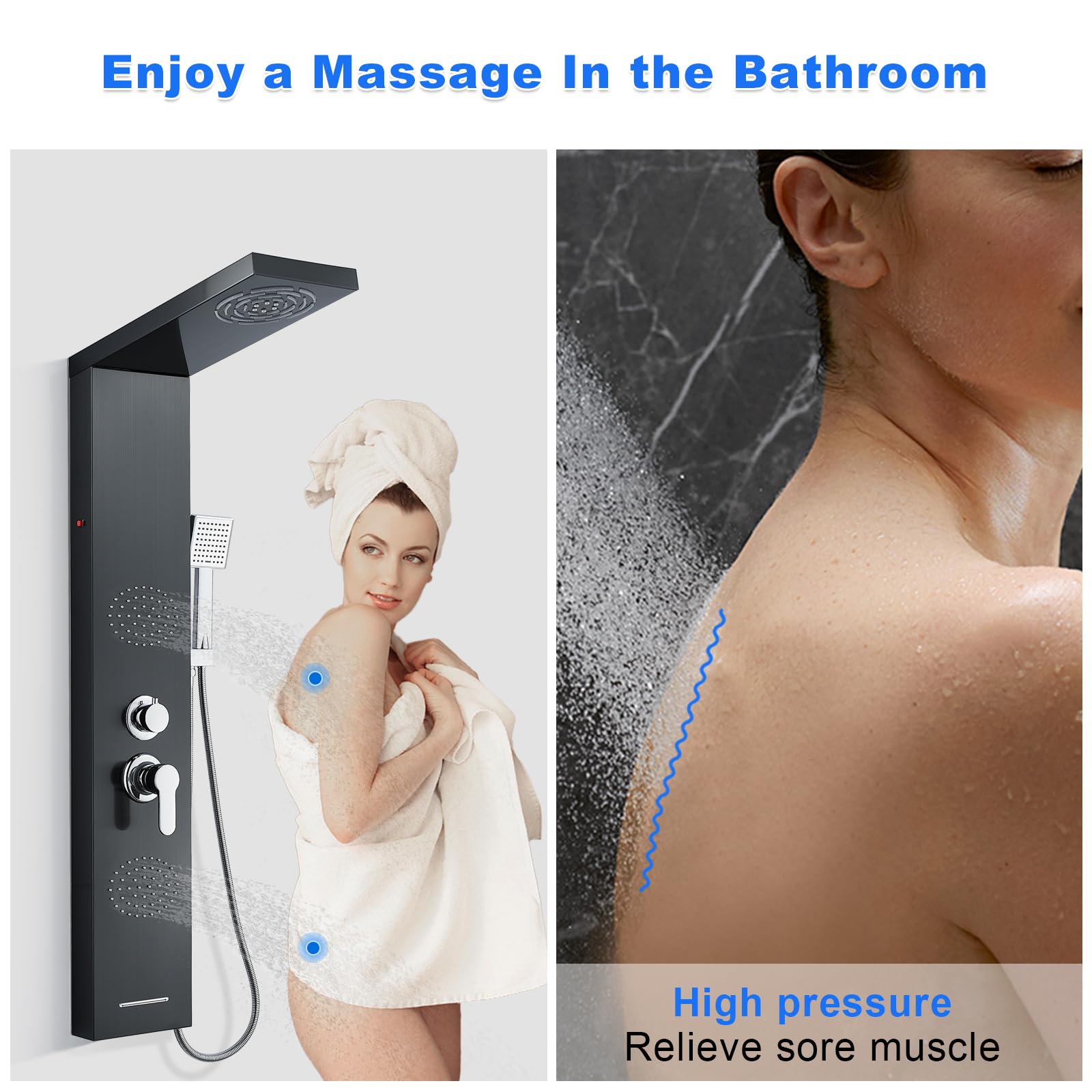 POPFLY Stainless Steel Shower Panel System with LED Mist & Rain Shower Head, 2 Full Body Massage Jets, Tub Spout - Matte Black for Modern Bathroom Upgrade | Perfect for Spa-Like Shower Experience & Luxury Bathroom Renovation
