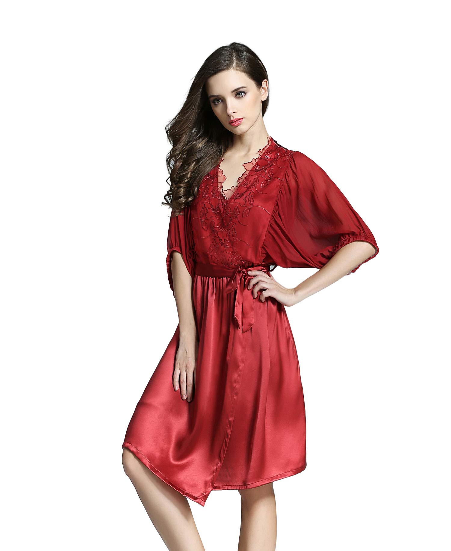 Pure Mulberry Silk Pajama Set for Women - Lace Flower Nightgown & Robe - Luxurious Sleepwear for Comfortable Nights & Relaxing Evenings at Home