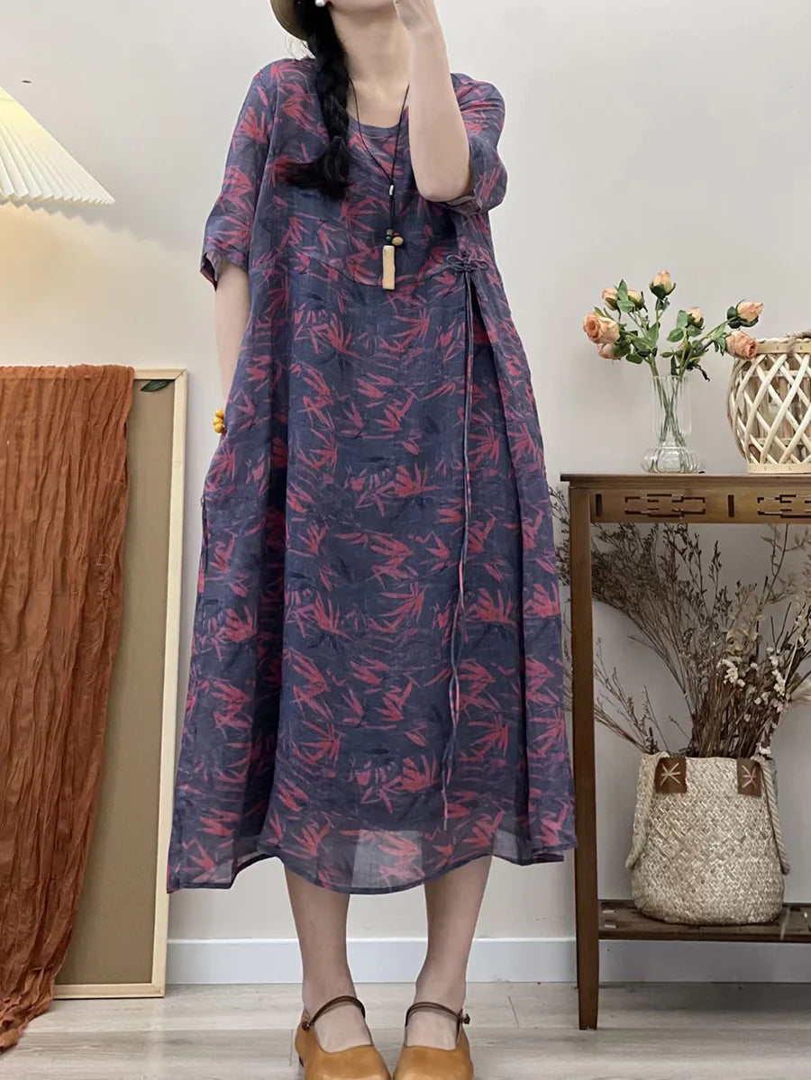 Plus Size Summer Floral Print Loose Fit Ramie Dress for Women - Comfortable Vacation & Beach Wear for Travel