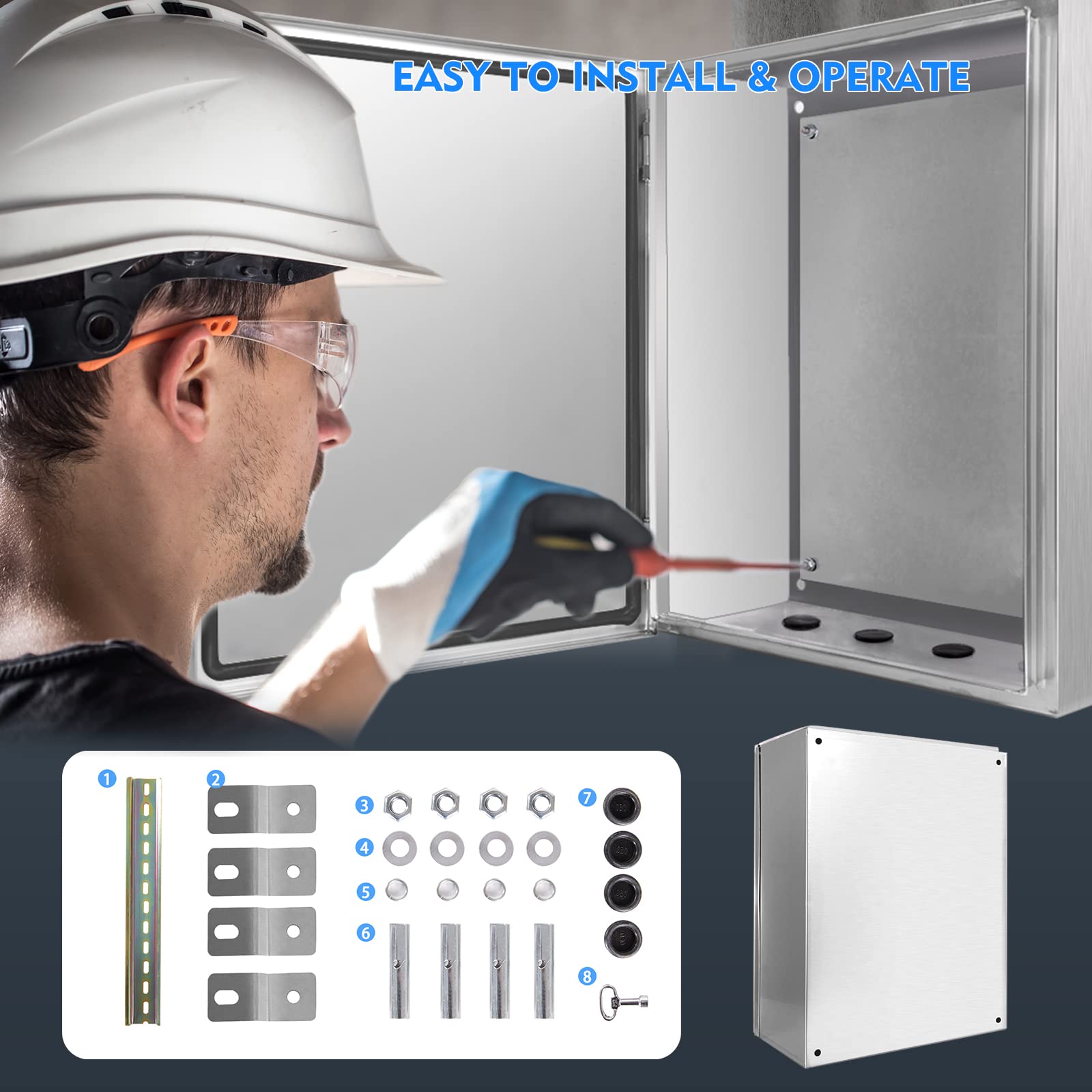 304 Stainless Steel Electrical Enclosure Box 20x16x8 Inch, NEMA4X IP66 Waterproof Outdoor Electrical Junction Box with Lock & Mounting Plate - Ideal for Industrial Equipment, Solar Panel Systems & Outdoor Electrical Installations