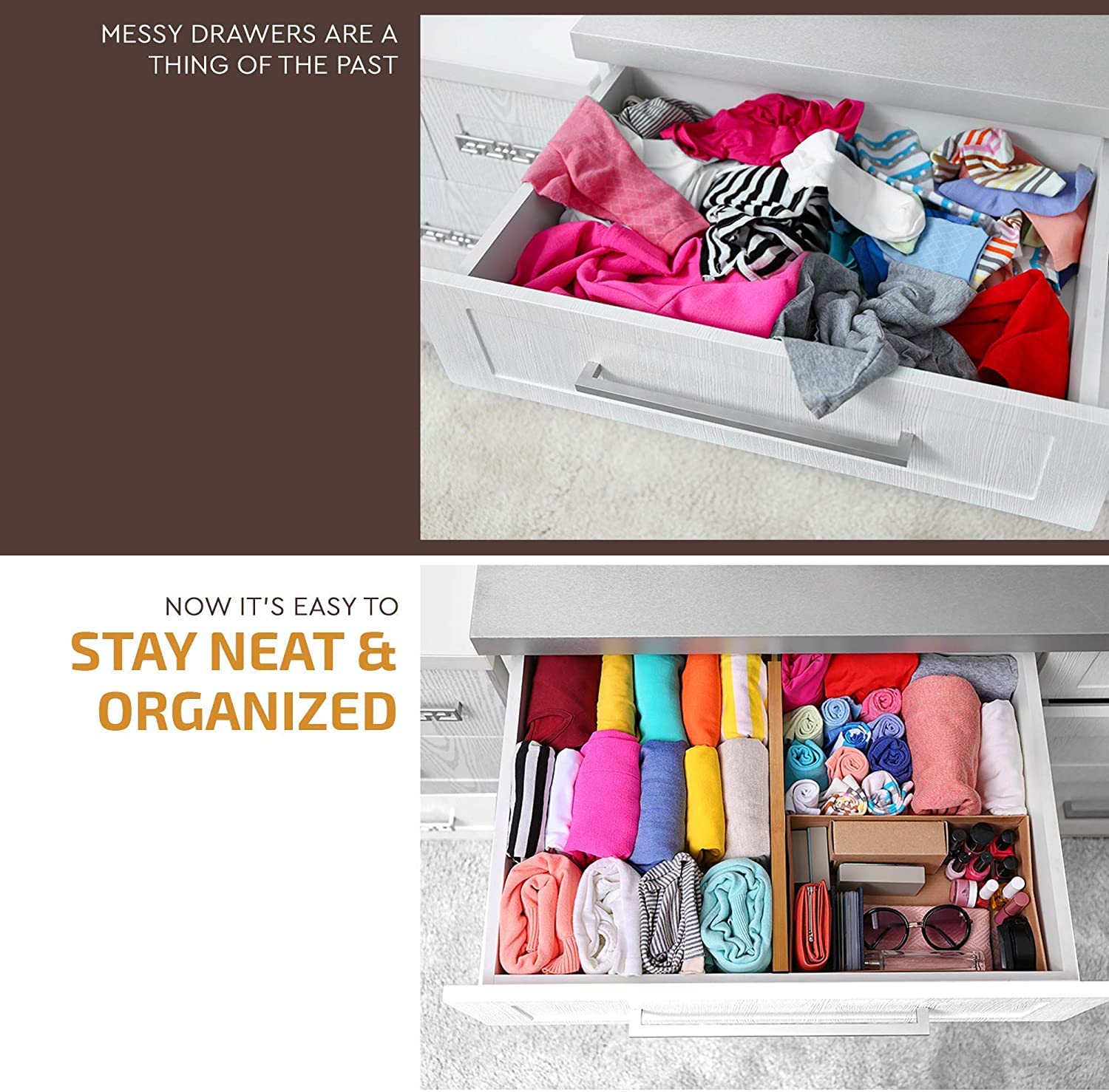Expandable Bamboo Drawer Organizer Set - 6 Pack Adjustable Kitchen Drawer Dividers (17
