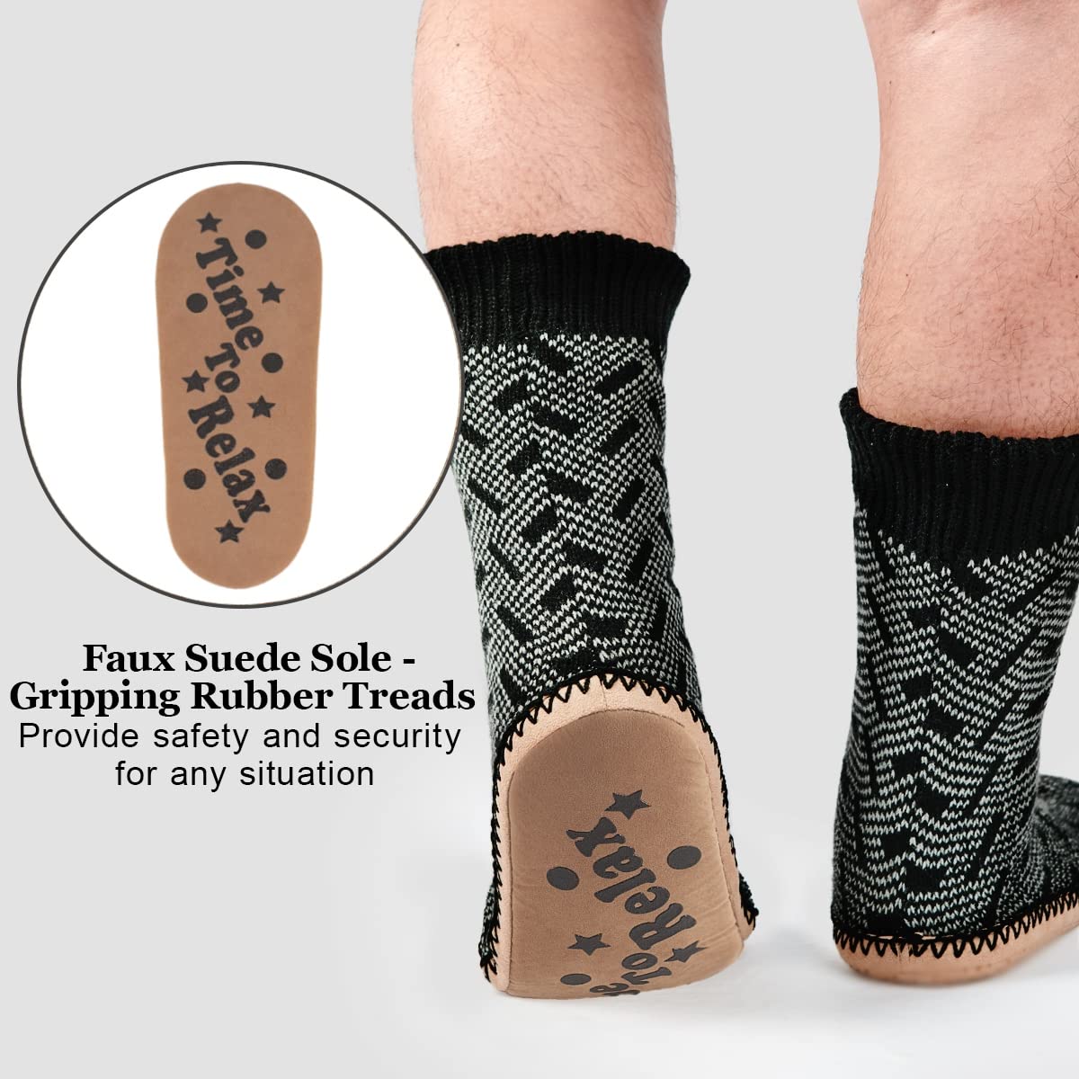 Men's Winter Cable Knit Non-Slip Slipper Socks - Cozy Soft Sherpa Lined Indoor Socks for Warmth & Comfort - Perfect for Home, Lounge & Cold Weather Wear