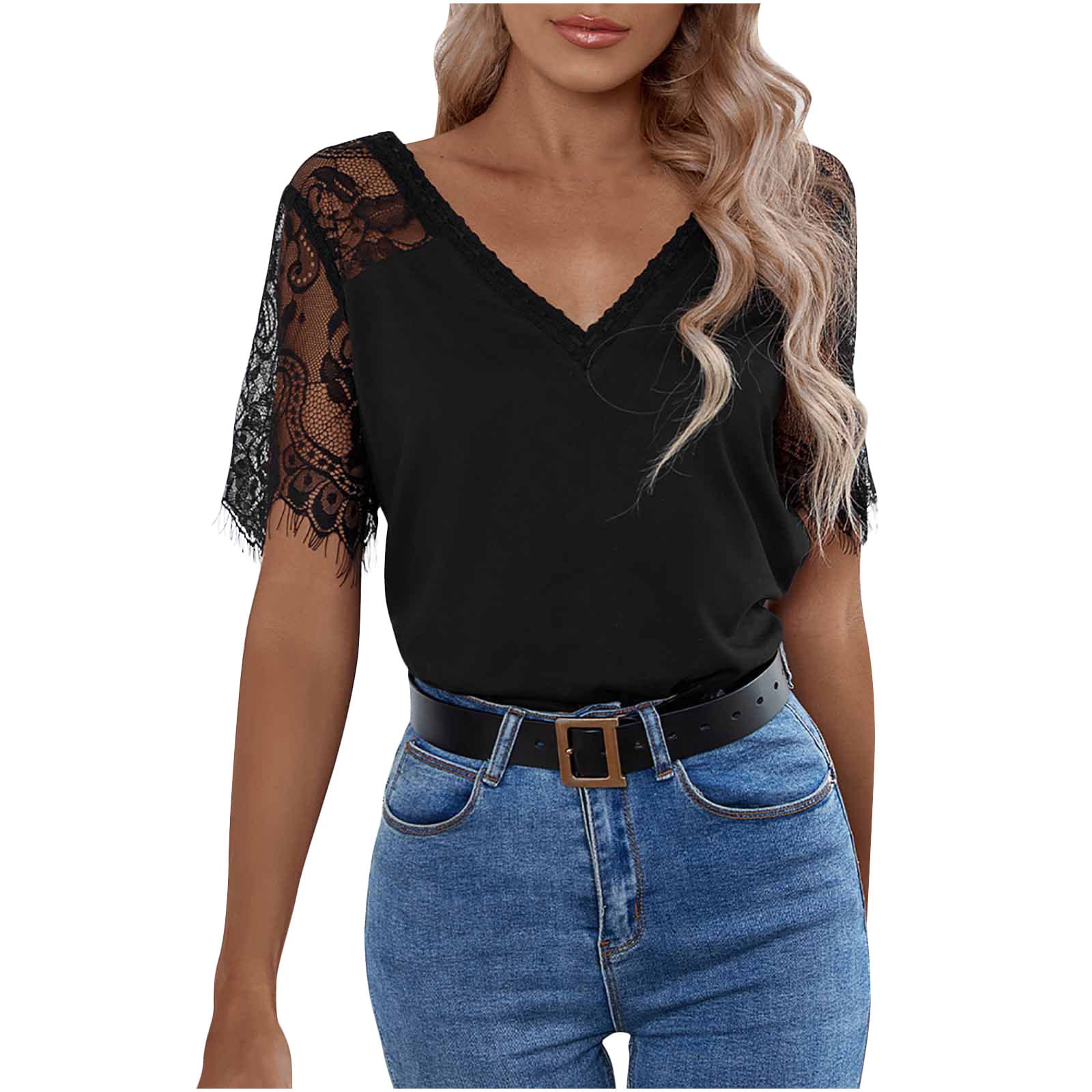 Elegant Women's Lace T-Shirt - V Neck Summer Top for Casual Wear