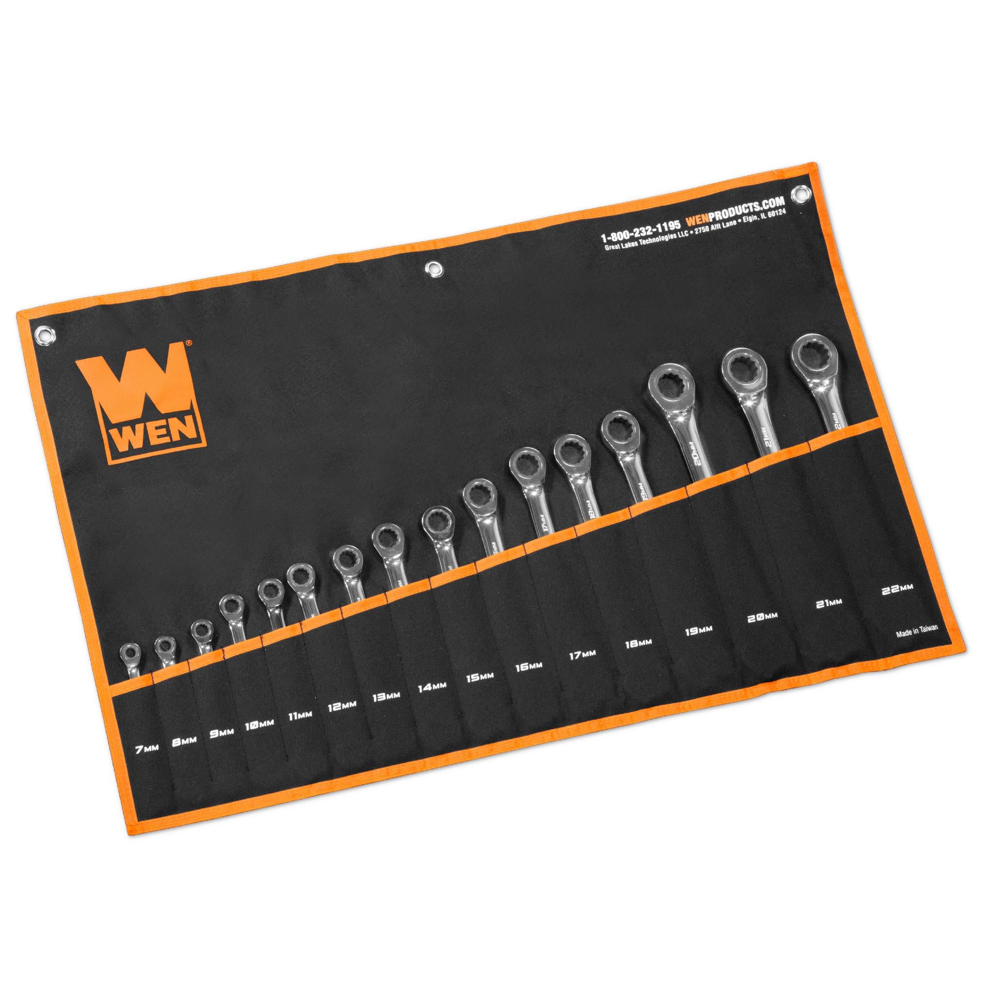 WEN WR161M 16-Piece Professional Grade Ratcheting Metric Combination Wrench Set with Storage Pouch - Perfect for Automotive Repair, DIY Projects & Home Maintenance