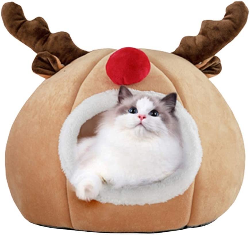 Cozy Reindeer-Shaped Cat Bed - Warm Pet Cave for Cats & Small Dogs - Soft Christmas Tree Cat House & Kennel for Winter - Perfect for Holiday Decor & Pet Comfort
