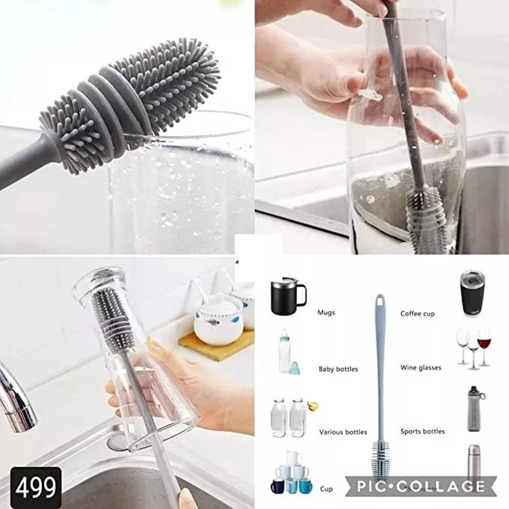 Silicone Bottle Cleaning Brush with Long Handle - Perfect for Water Bottles, Containers, Vases & Glassware - Durable Kitchen Cleaning Tool (Pack of 1) - Ideal for Home, Office, Camping & Travel Use