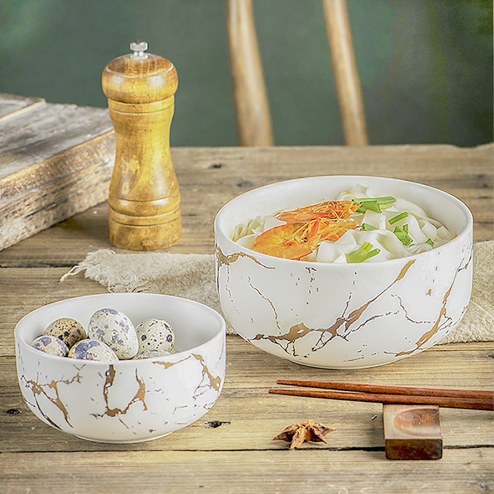 Premium LUCCK 17oz Ceramic Marble Soup & Cereal Bowl - Microwave & Dishwasher Safe - Elegant Gold Inlay Design for Oatmeal, Rice, Desserts - Perfect for Breakfast, Snacks & Dining (White)