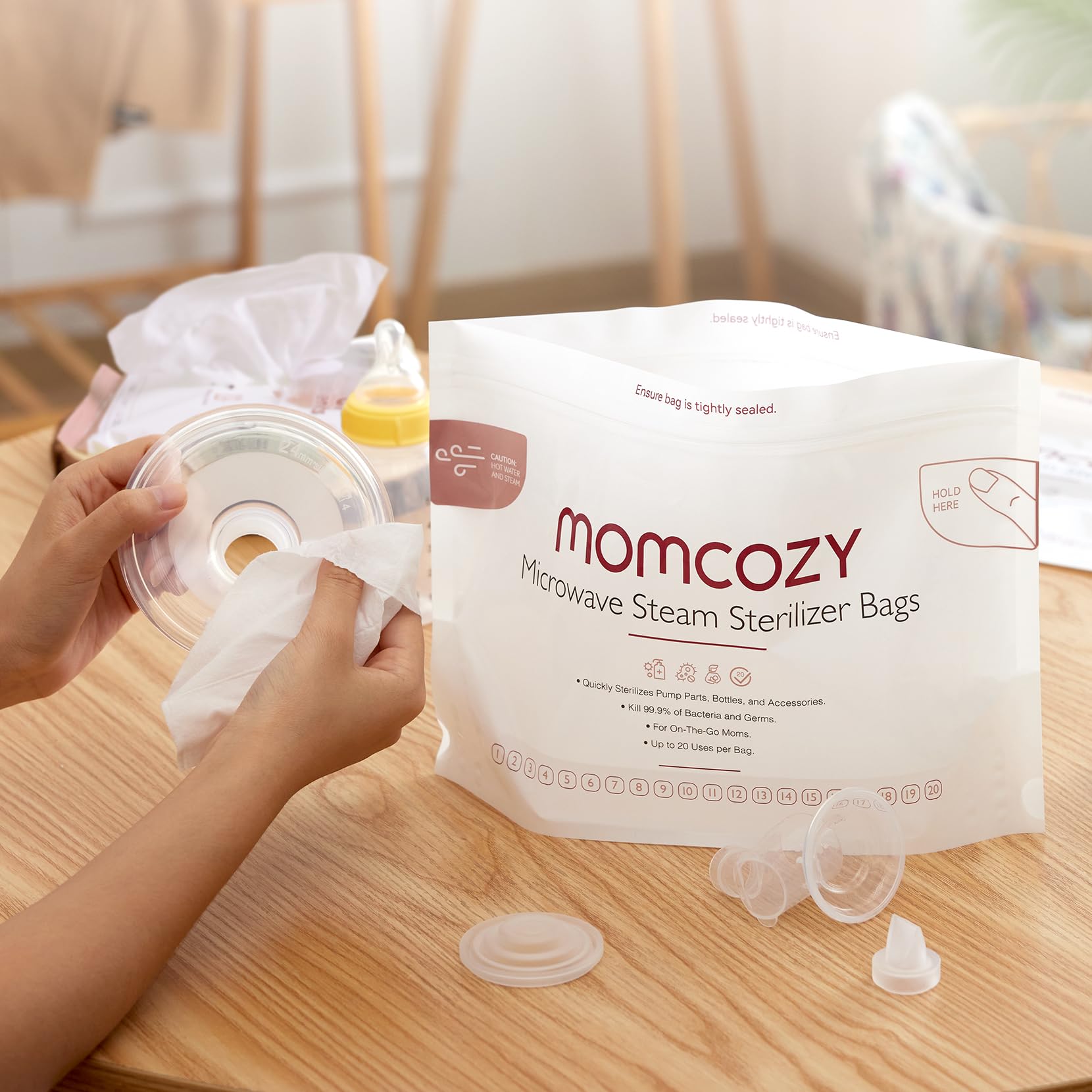 Momcozy Microwave Steam Sterilizer Bags - 20 Pack Reusable Sterilization Pouches for Breast Pump Parts & Baby Bottles (20 Uses per Bag) | Compatible with Momcozy S9 Pro/S12 Pro/V1/V2 | Perfect for Travel, Daycare & Home Use